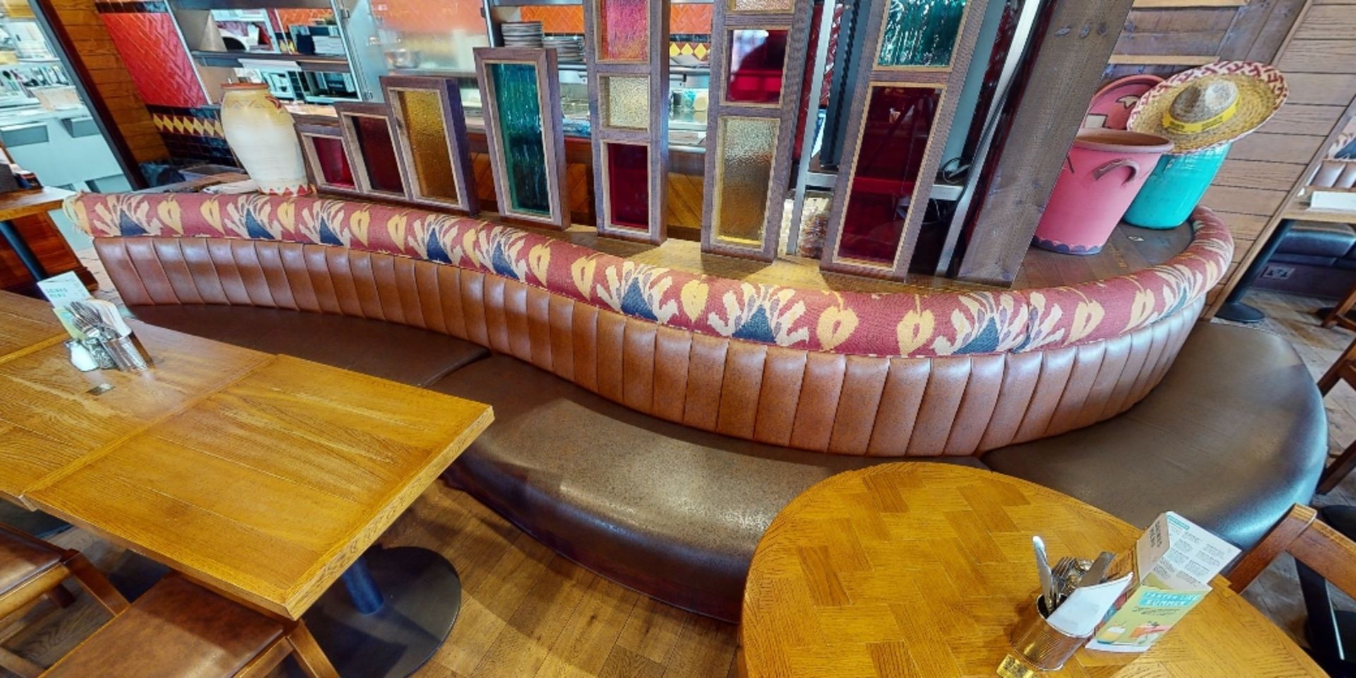 1 x Restaurant Curved Long Seating Bench - Features Brown Faux Leather Seat Pads and Light Brown - Image 5 of 7
