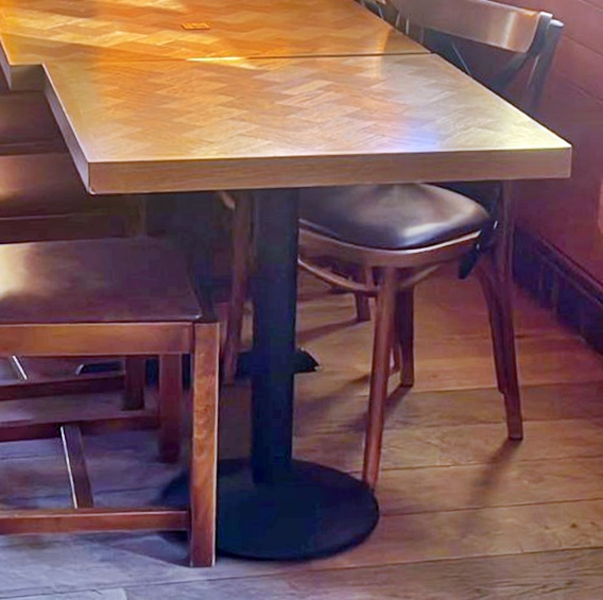 2 x Two Seater Restaurant Dining Tables With Parquet Style Tops and Cast Iron Bases - Image 6 of 9
