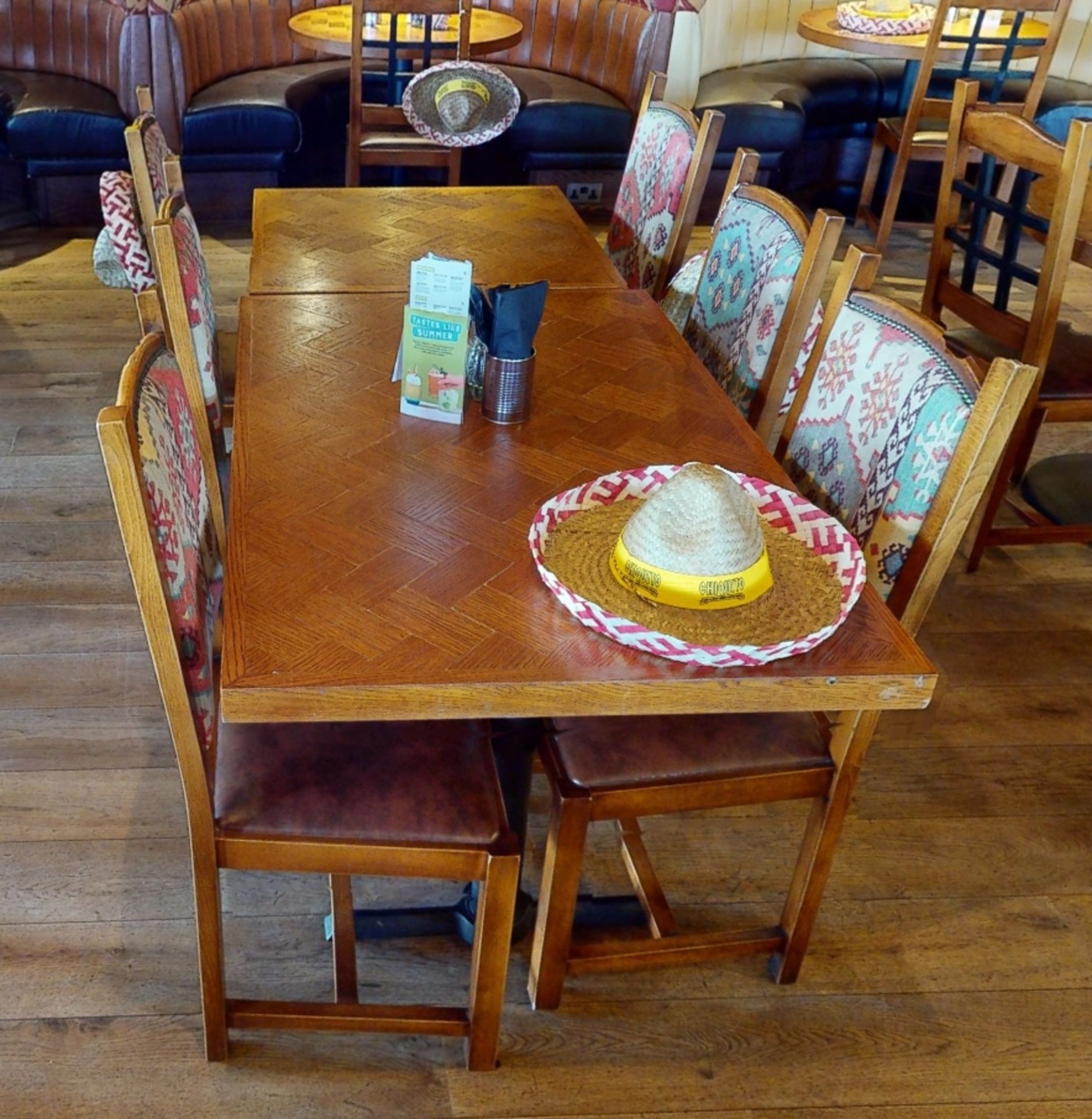 15 x Restaurant High Back Dining Chairs With Faux Leather Brown Seat Pads and Mexican Inspired - Image 9 of 11