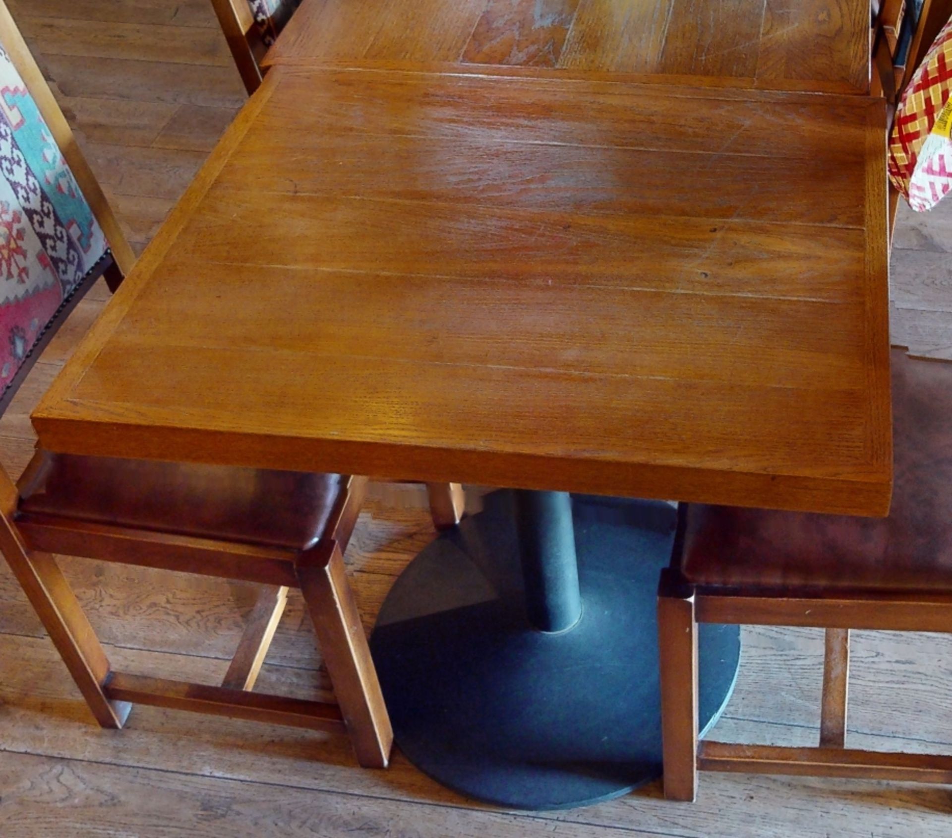 2 x Two Seater Restaurant Dining Tables With Cast Iron Bases and Wood Panelled Design Tops With - Image 6 of 6
