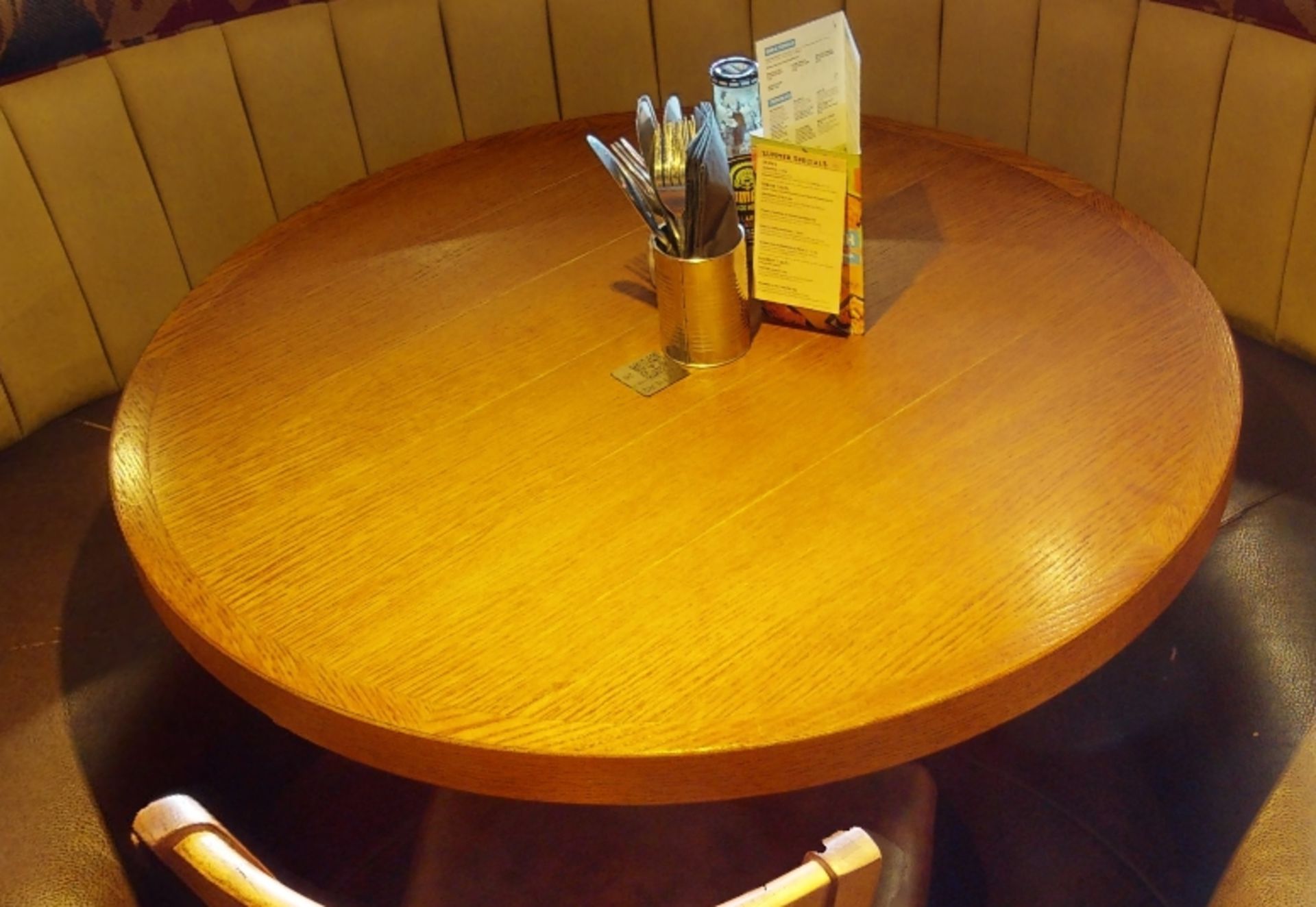 1 x Large Circular Restaurant Dining Table With Cast Iron Base and Wood Panelled Design Top With - Image 3 of 5