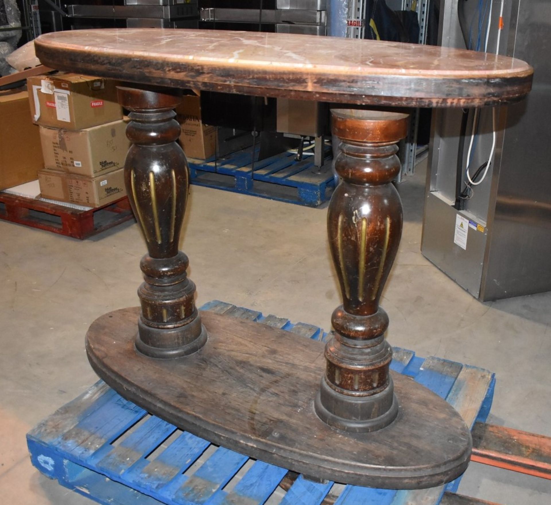 1 x Mahogany Traditional Pub Table With Twin Carved Pillar Base and Oval Marble Insert Table Top - - Image 2 of 12