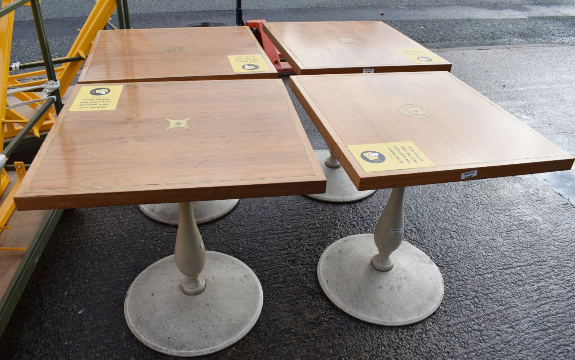 4 x Wooden Topped Bistro Tables Featuring Inlaid Brass Work And Sturdy Metal Bases - Recently - Image 2 of 7