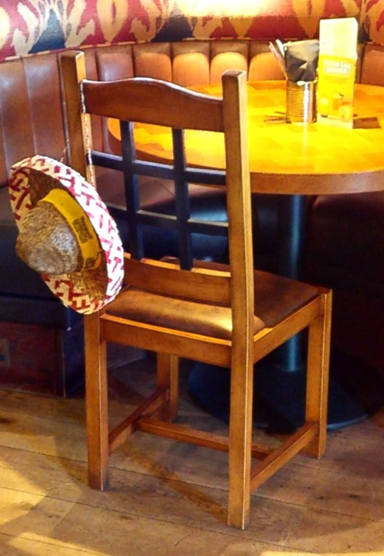 10 x Restaurant High Back Dining Chairs With Faux Leather Brown Seat Pads and Lattice Backs - Approx - Image 2 of 3