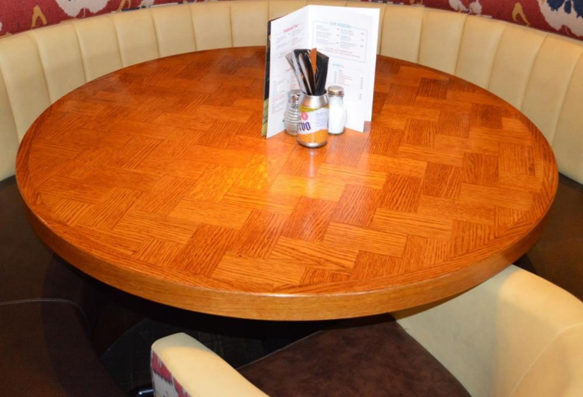 1 x Large Circular Restaurant Dining Table With Parquet Style Top and Cast Iron Base - Image 4 of 5