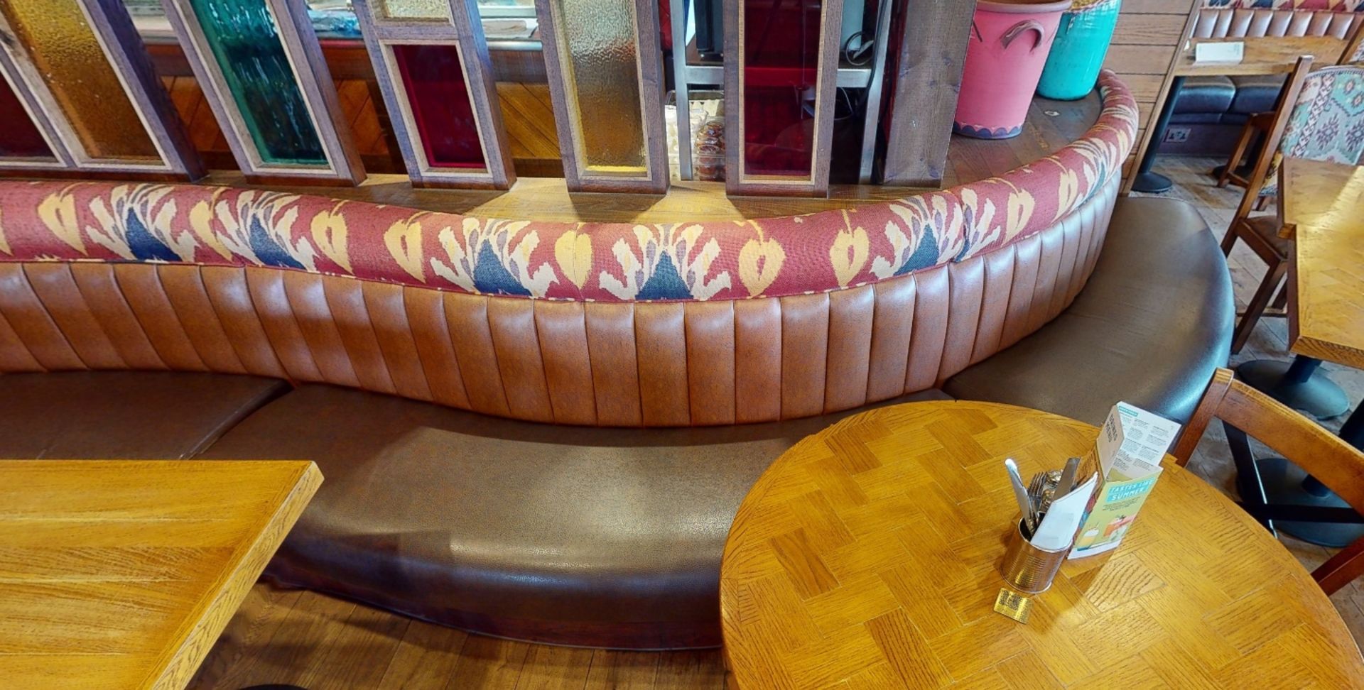 1 x Restaurant Curved Long Seating Bench - Features Brown Faux Leather Seat Pads and Light Brown - Image 2 of 7