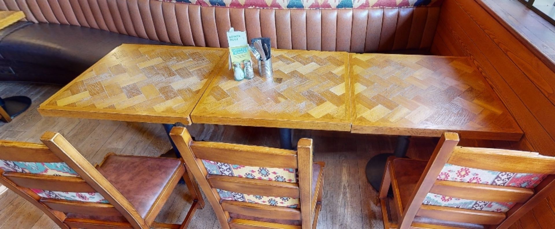 2 x Two Seater Restaurant Dining Tables With Parquet Style Tops and Cast Iron Bases - Image 4 of 9
