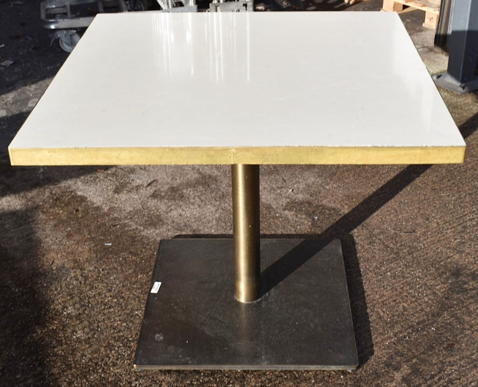 5 x Wooden Topped Bistro Tables Featuring Wooden Top With A Marble Aesthetic, Brass Trim And - Image 2 of 7