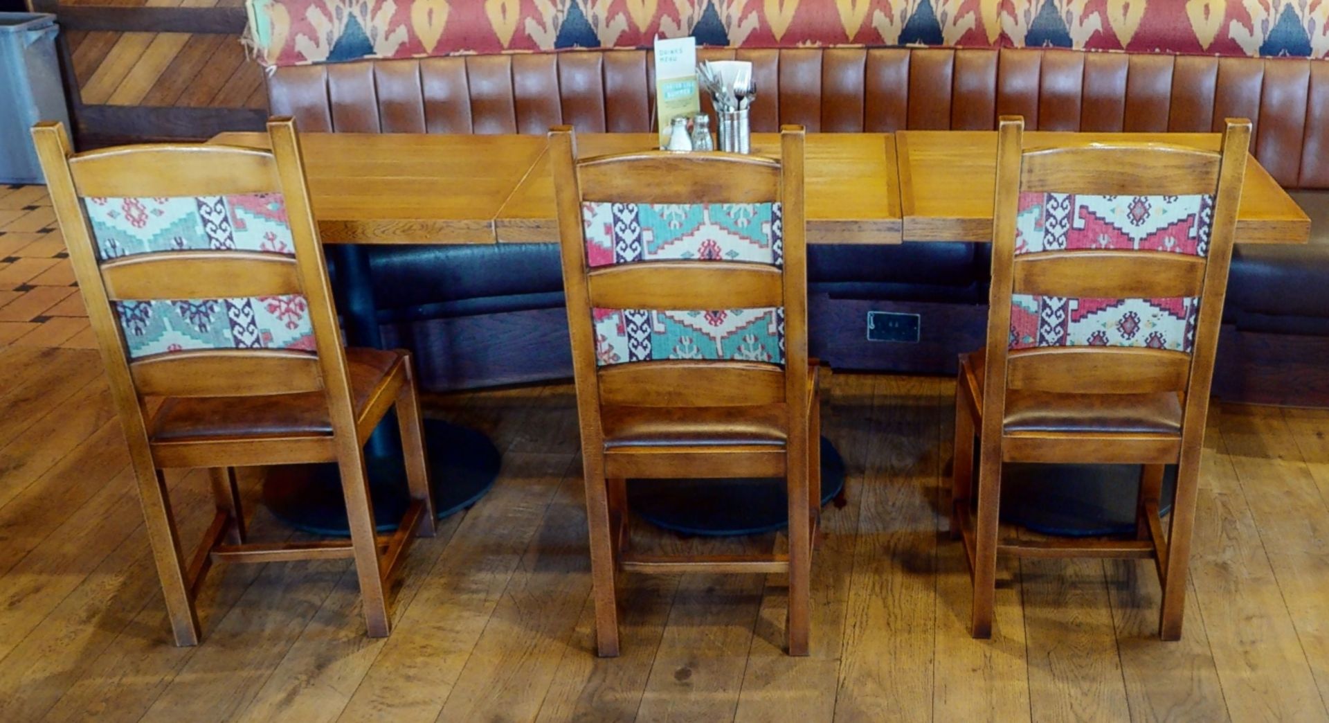 15 x Restaurant High Back Dining Chairs With Faux Leather Brown Seat Pads and Mexican Inspired - Image 5 of 11