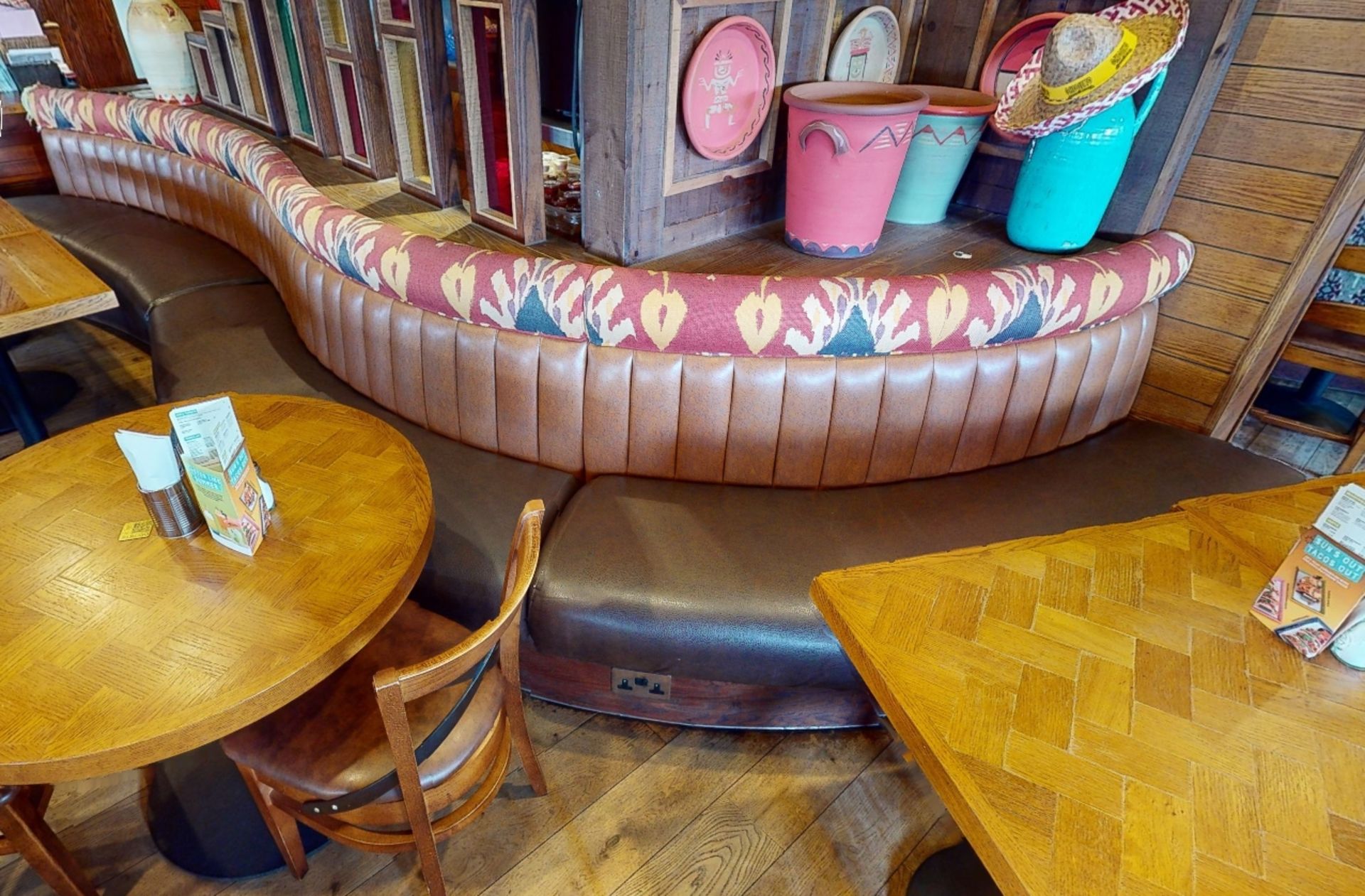 1 x Restaurant Curved Long Seating Bench - Features Brown Faux Leather Seat Pads and Light Brown - Image 7 of 7