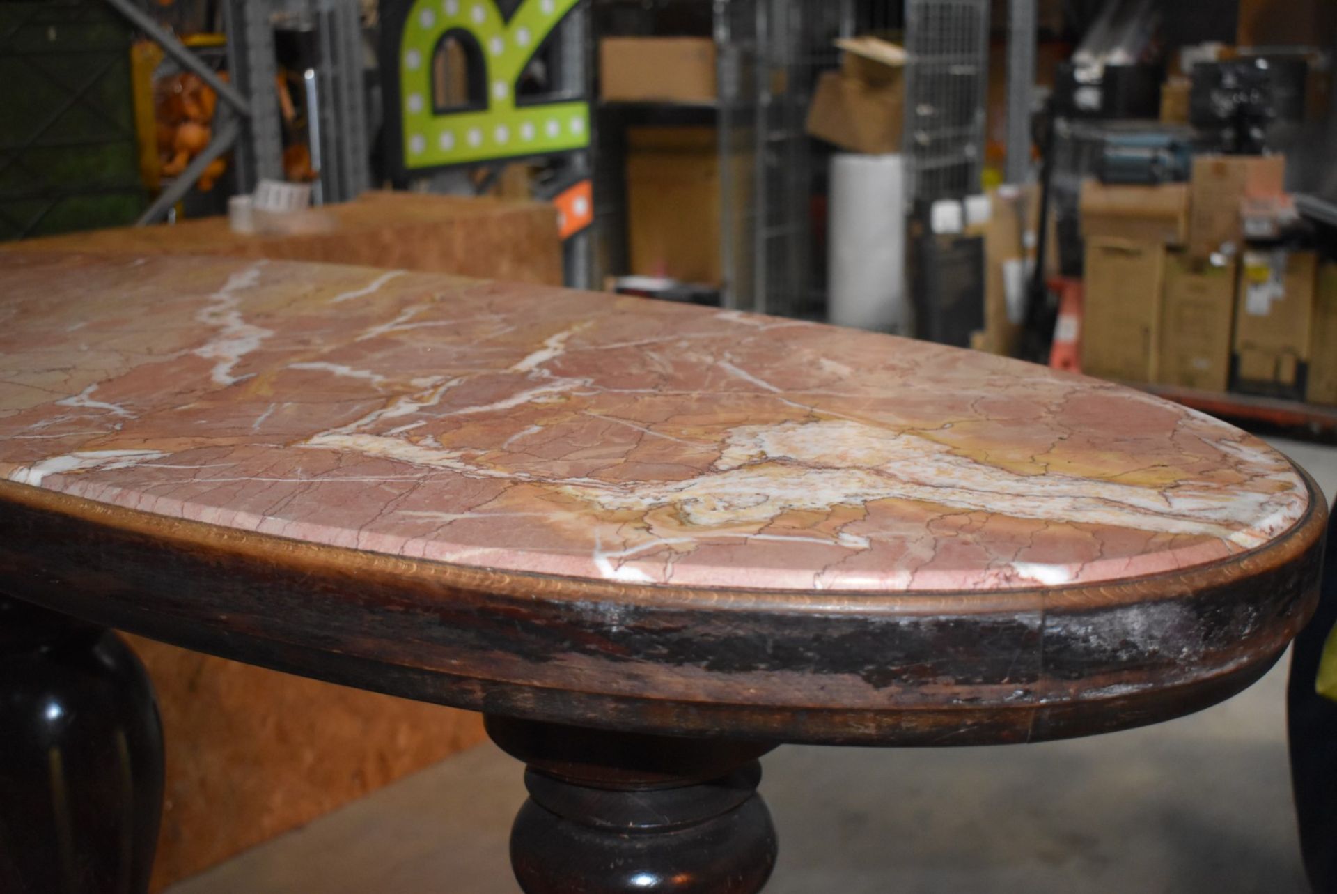 1 x Mahogany Traditional Pub Table With Twin Carved Pillar Base and Oval Marble Insert Table Top - - Image 11 of 12