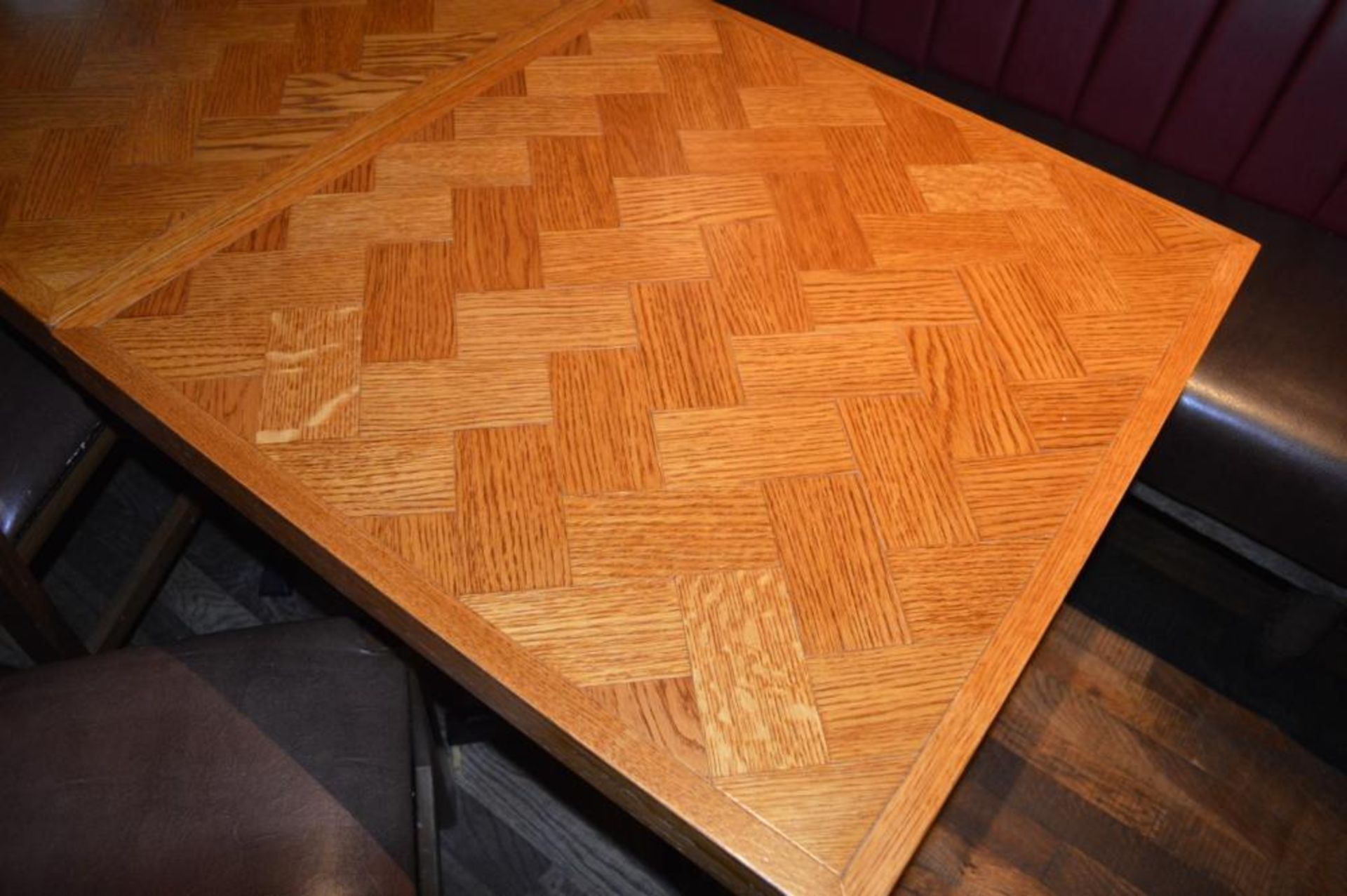 2 x Two Seater Restaurant Dining Tables With Parquet Style Tops and Cast Iron Bases - Image 9 of 9