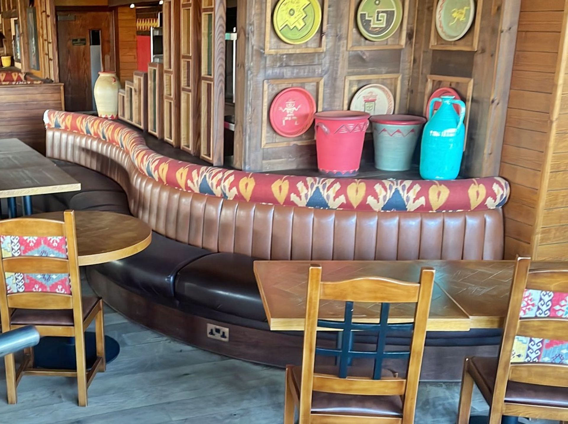 1 x Restaurant Curved Long Seating Bench - Features Brown Faux Leather Seat Pads and Light Brown