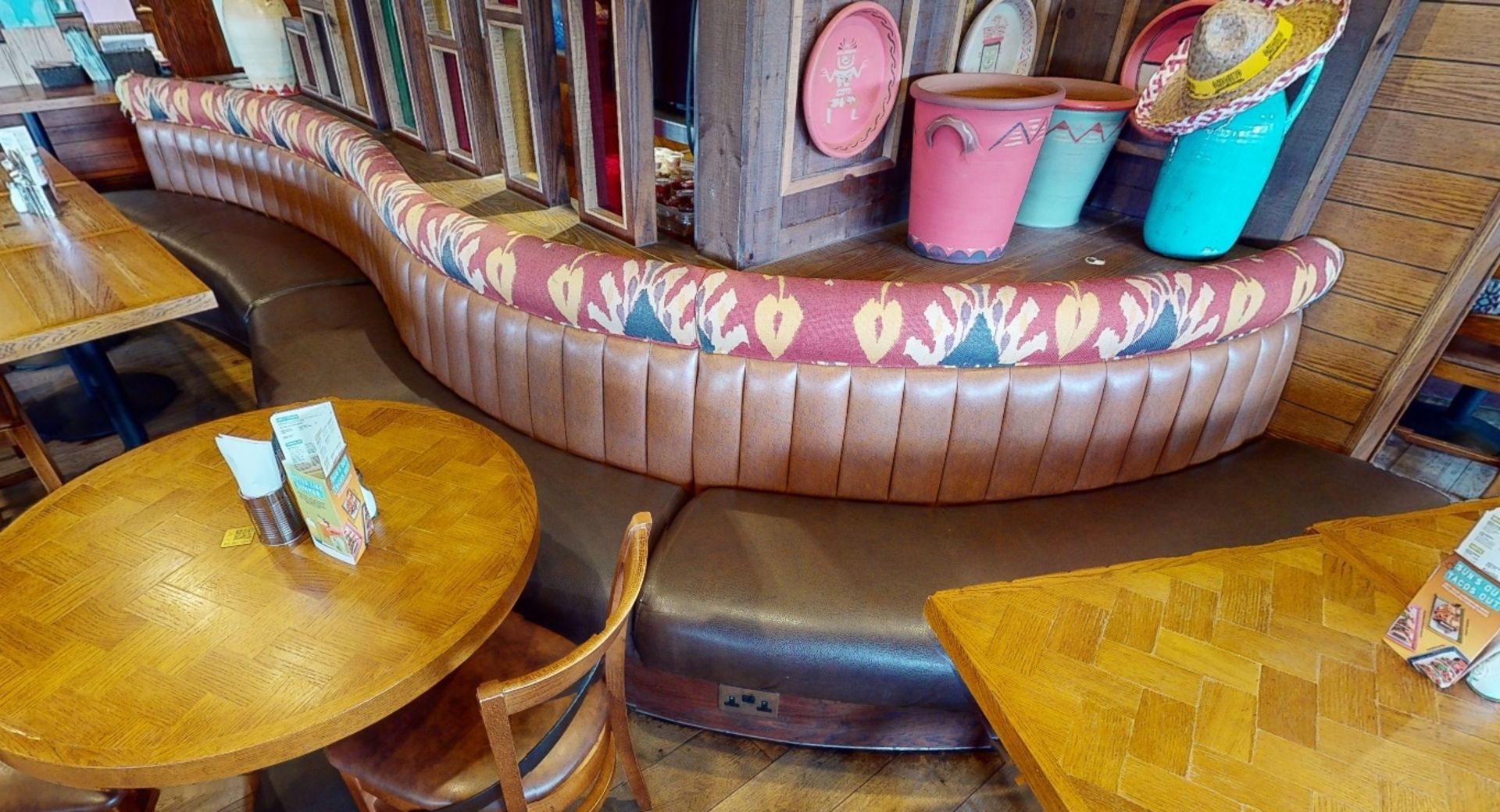 1 x Restaurant Curved Long Seating Bench - Features Brown Faux Leather Seat Pads and Light Brown - Image 4 of 7