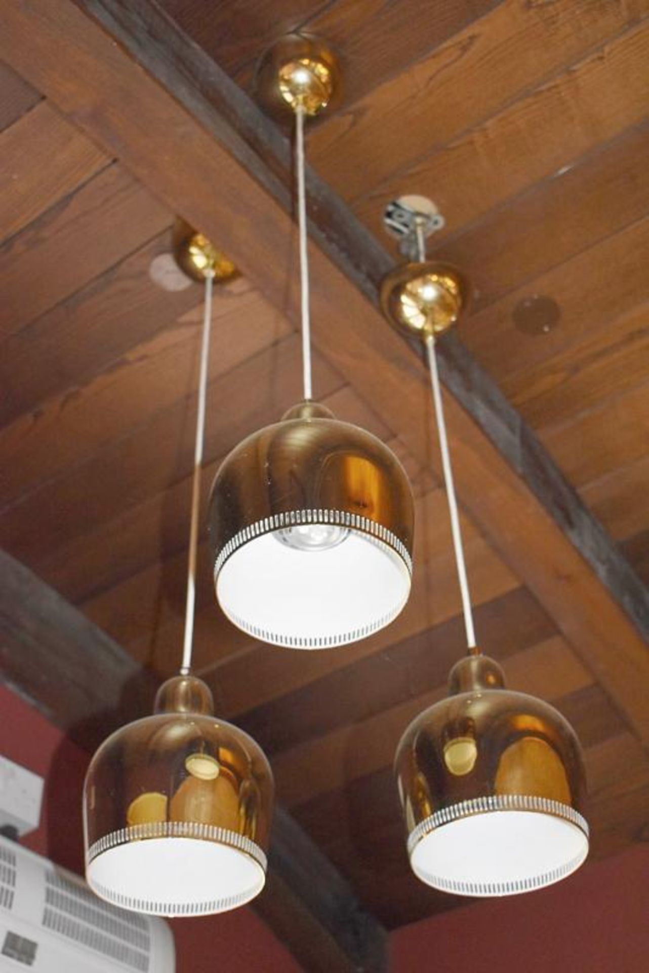 1 x Set of Three Ceiling Lights Featuring Brass Pendants and Ceiling Roses - Pendant Diameter 16 - Image 3 of 3