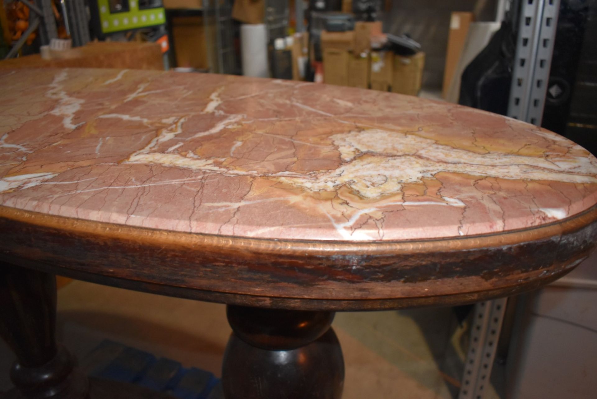 1 x Mahogany Traditional Pub Table With Twin Carved Pillar Base and Oval Marble Insert Table Top - - Image 12 of 12