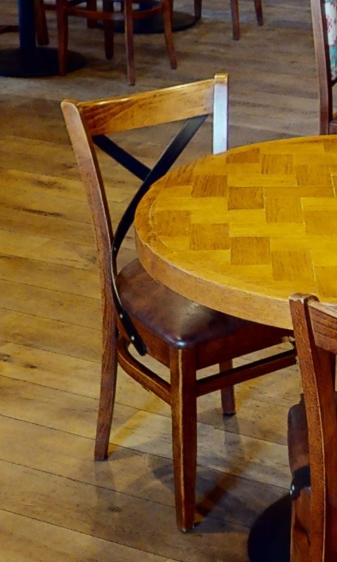 7 x Restaurant Dining Chairs With Metal Crossbacks and Faux Leather Brown Seat Pads - Approx - Image 2 of 4