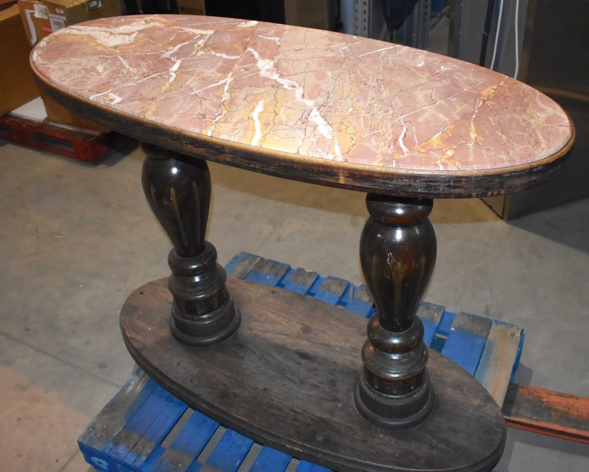 1 x Mahogany Traditional Pub Table With Twin Carved Pillar Base and Oval Marble Insert Table Top - - Image 3 of 12