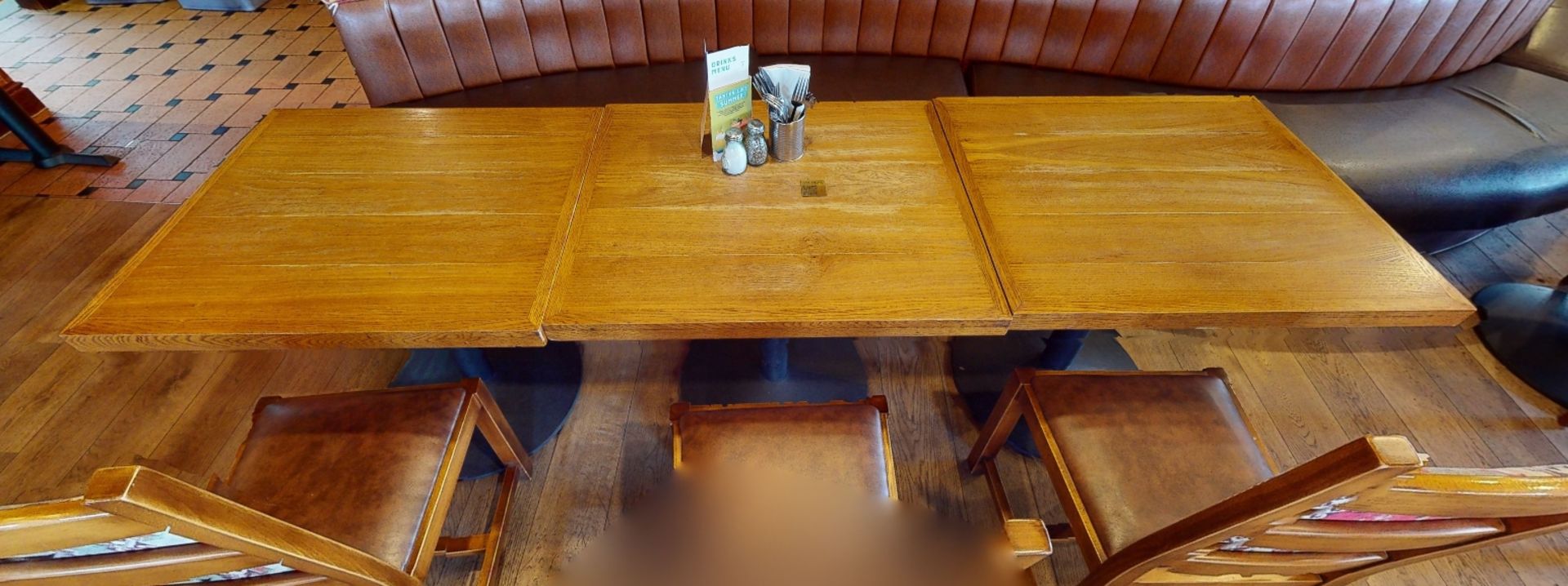 2 x Two Seater Restaurant Dining Tables With Cast Iron Bases and Wood Panelled Design Tops With - Image 4 of 6