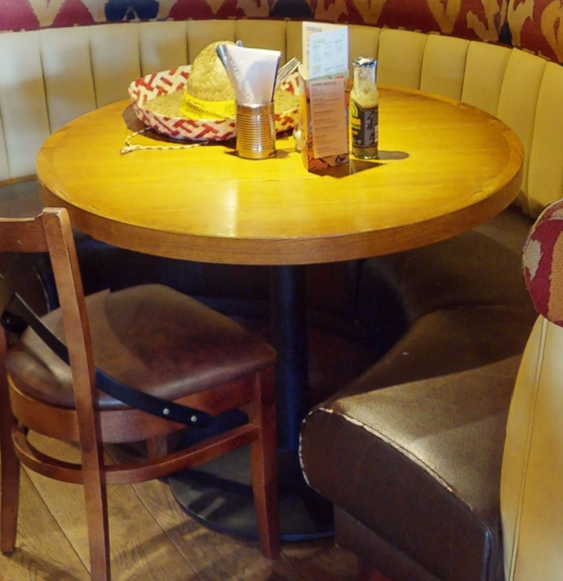 1 x Large Circular Restaurant Dining Table With Cast Iron Base and Wood Panelled Design Top With - Image 4 of 5