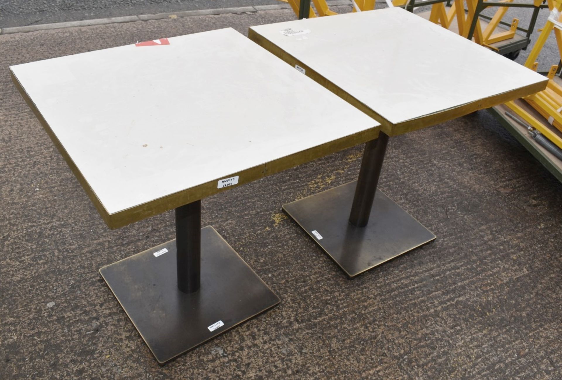 5 x Wooden Topped Bistro Tables Featuring Wooden Top With A Marble Aesthetic, Brass Trim And - Image 4 of 7