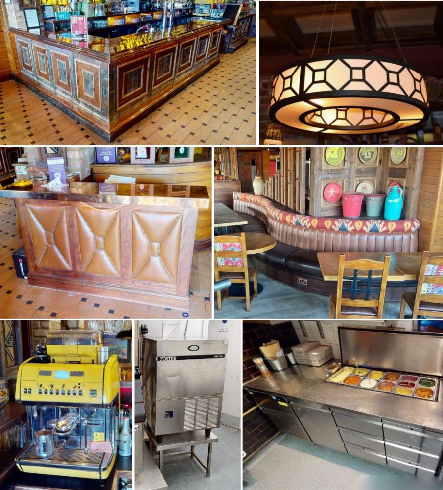 Contents of a Mexican-Themed Restaurant - Features Bar, Seating Benches, Tables, Booths, Commercial Kitchen Equipment