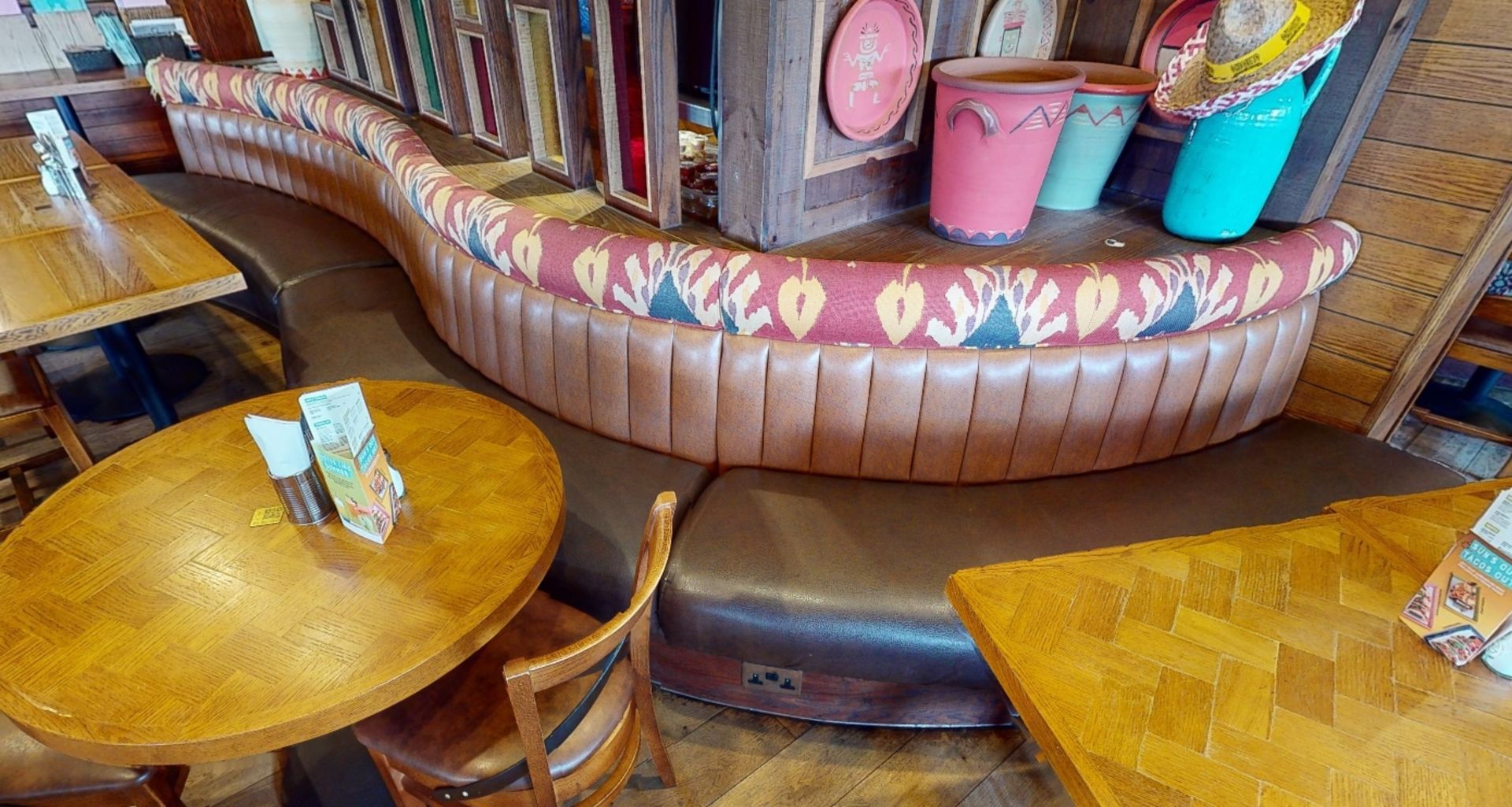 1 x Restaurant Curved Long Seating Bench - Features Brown Faux Leather Seat Pads and Light Brown - Image 3 of 7