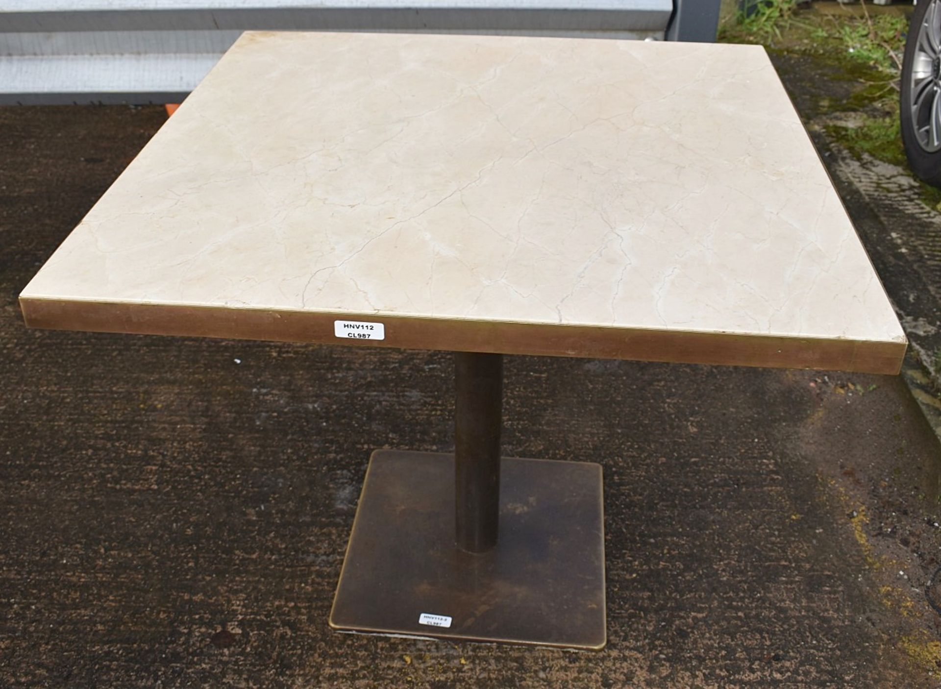 5 x Wooden Topped Bistro Tables Featuring Wooden Top With A Marble Aesthetic, Brass Trim And - Image 3 of 7