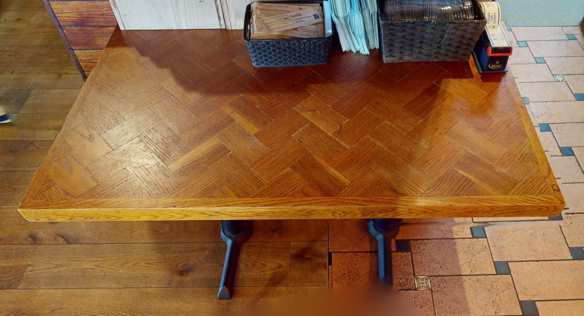 1 x Four Seater Rectangular Restaurant Dining Table With Parquet Style Top and Cast Iron Bases - Image 2 of 5