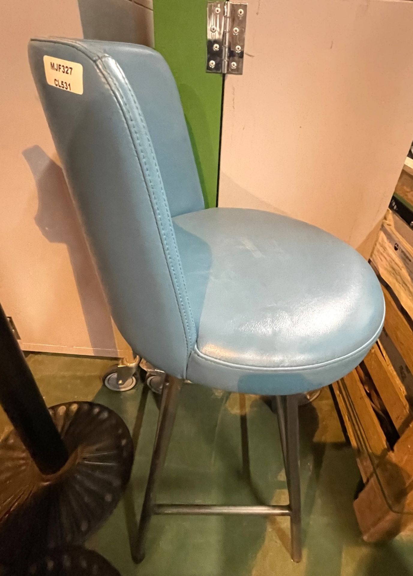 4 x Bar Stools With Blue Leather Upholstery and Metal Bases With Footrests - Dimensions: H76/104 - Image 3 of 7