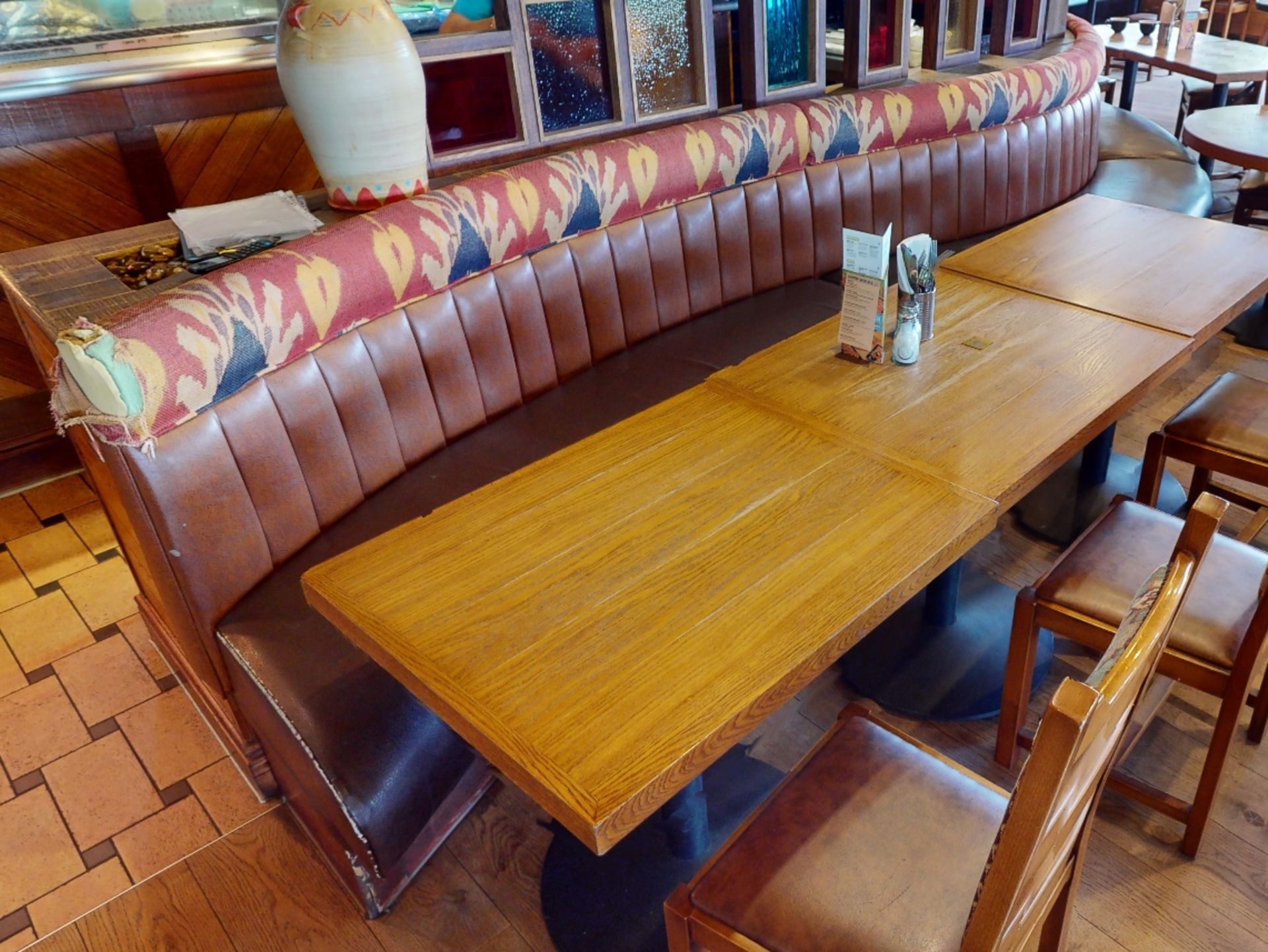 1 x Restaurant Curved Long Seating Bench - Features Brown Faux Leather Seat Pads and Light Brown - Image 6 of 7