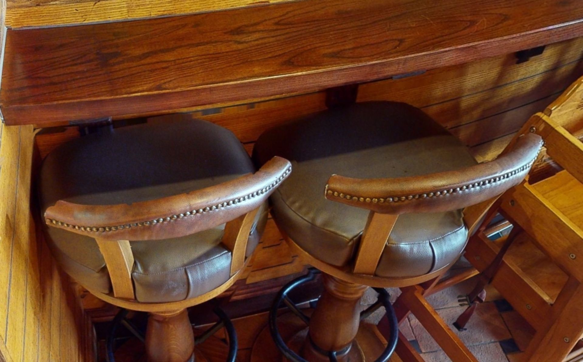 2 x Bar Stools With Wooden Column Pedestals, Full Circle Footrests, Cushioned Seats and Back Rests - - Image 2 of 3