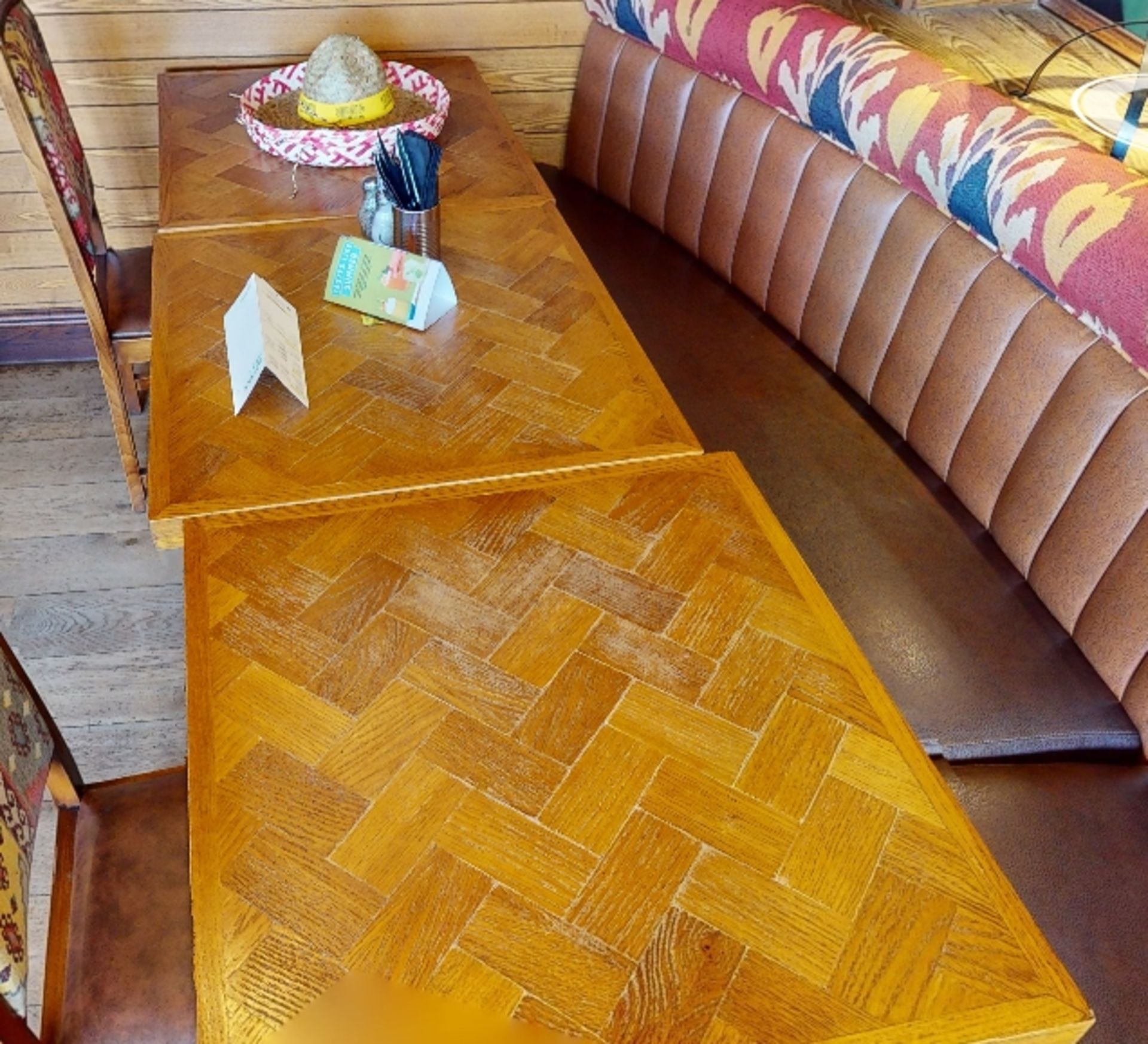 2 x Two Seater Restaurant Dining Tables With Parquet Style Tops and Cast Iron Bases - Image 5 of 9