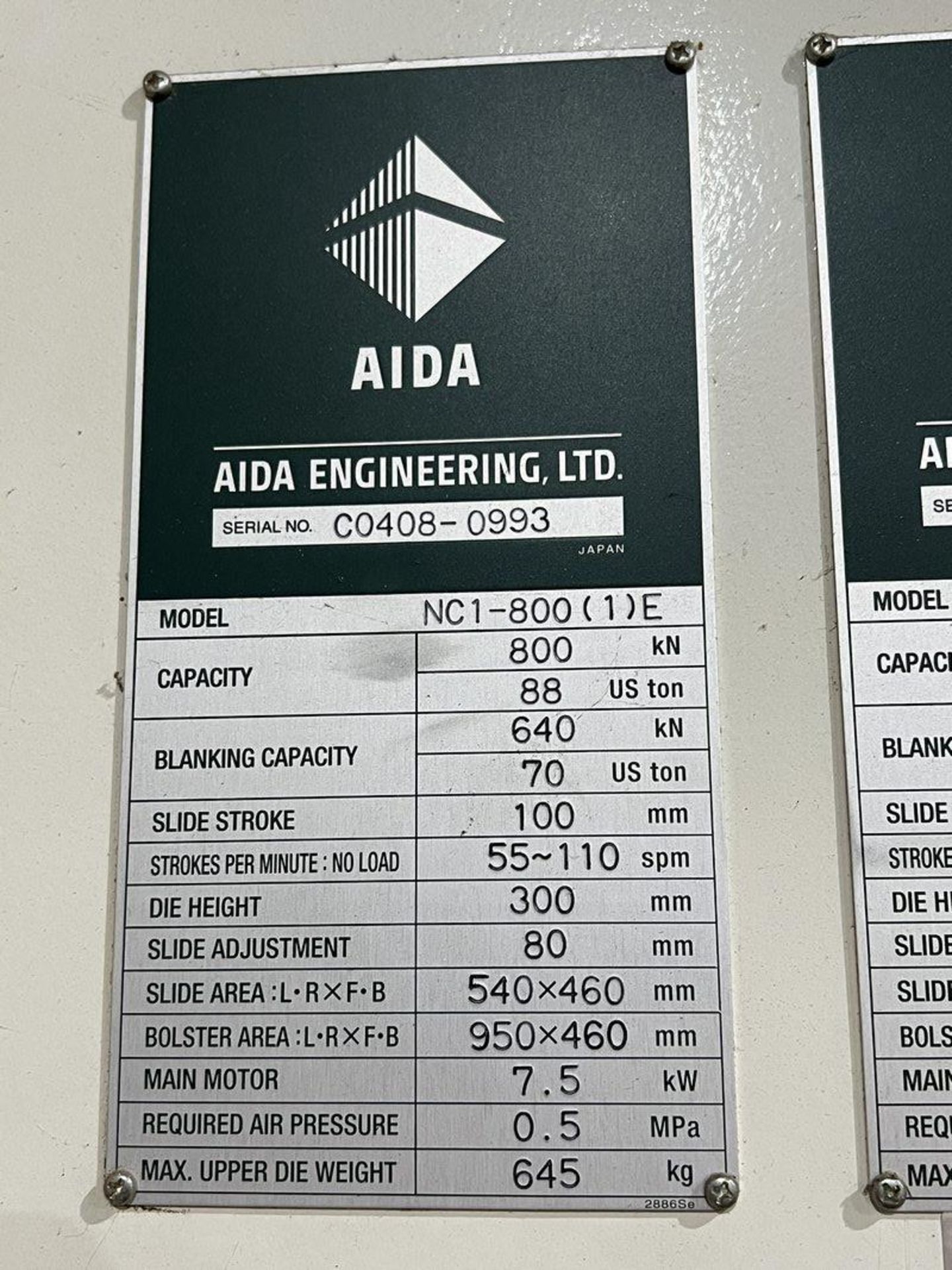 Aida NC1-800(1)E 88-Ton Hydraulic Gap Frame Press, S/N C0408-0993 - Image 7 of 15