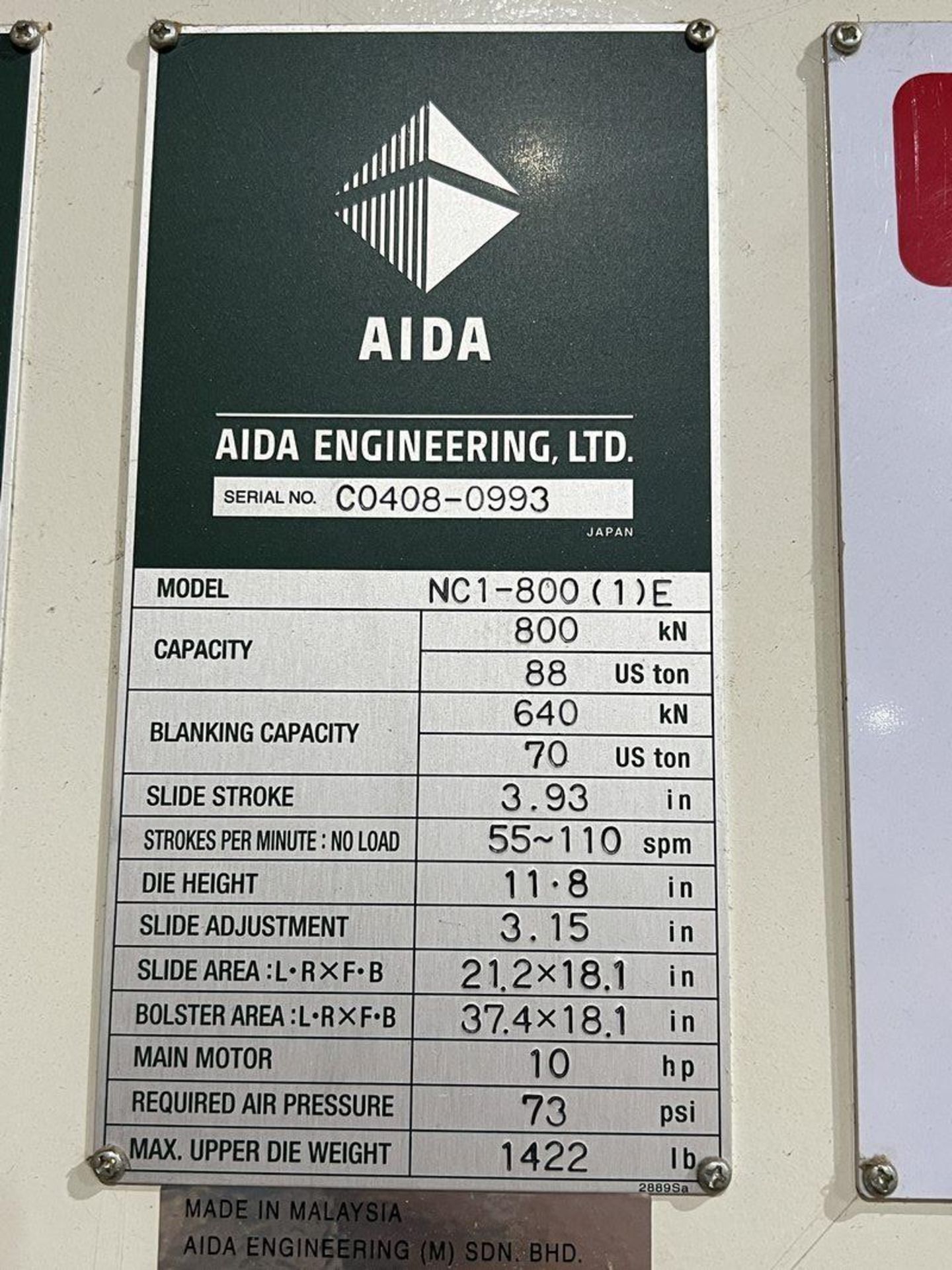 Aida NC1-800(1)E 88-Ton Hydraulic Gap Frame Press, S/N C0408-0993 - Image 8 of 15