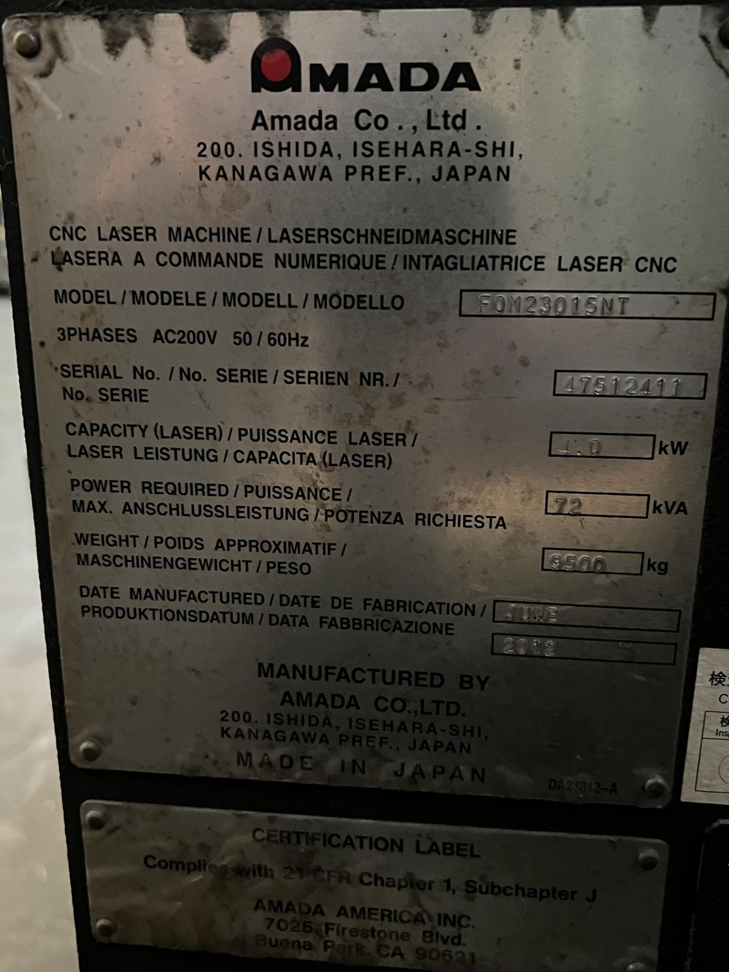 Amada FOM II 3015 NT 4,000 Watt CNC Laser Cutting System, S/N 47512411, 2012 - Image 24 of 26