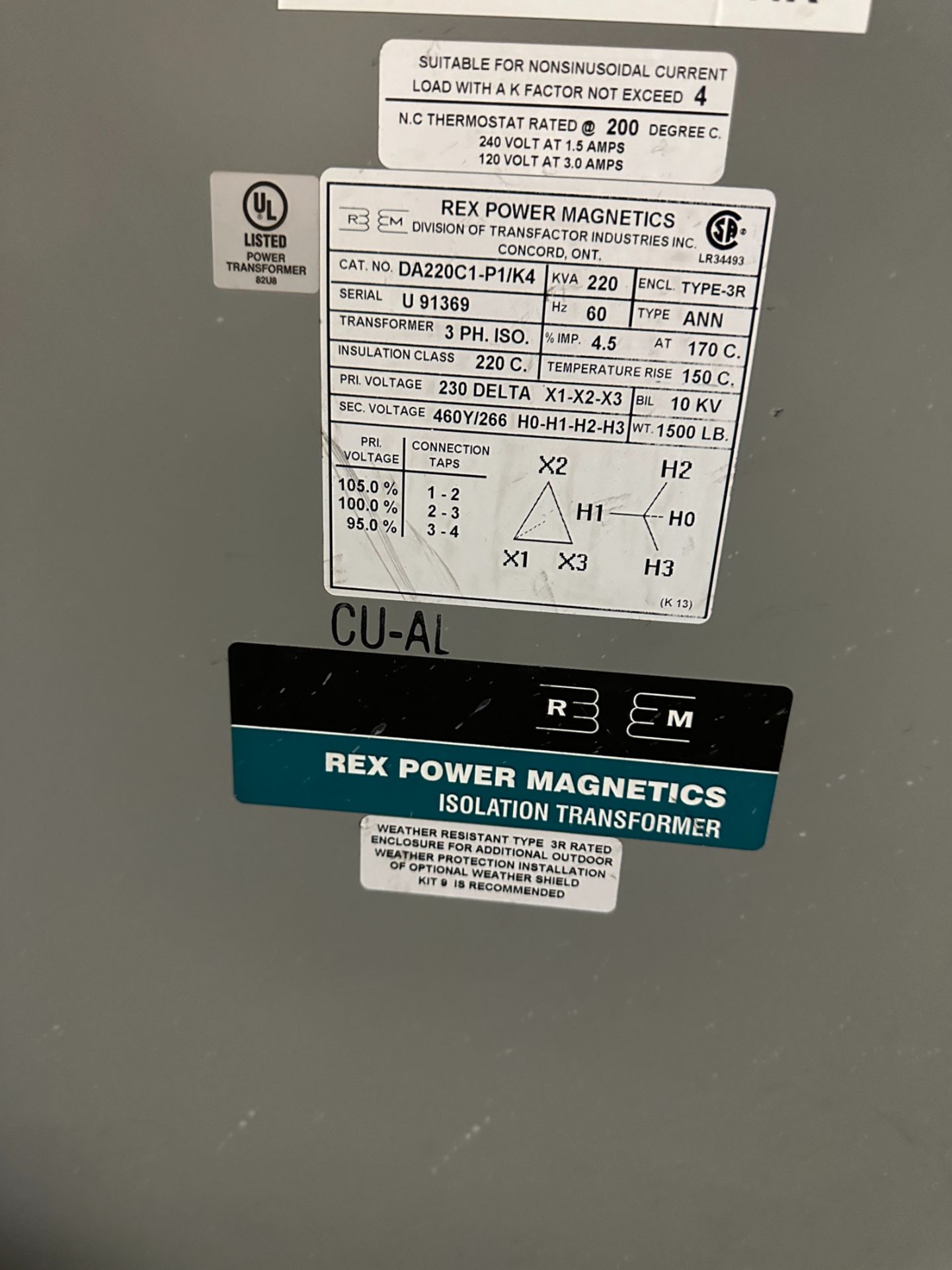 Rex Power Magnetics DA220C1-P1/K4 220KVA Dry Type Transformer - Image 2 of 2