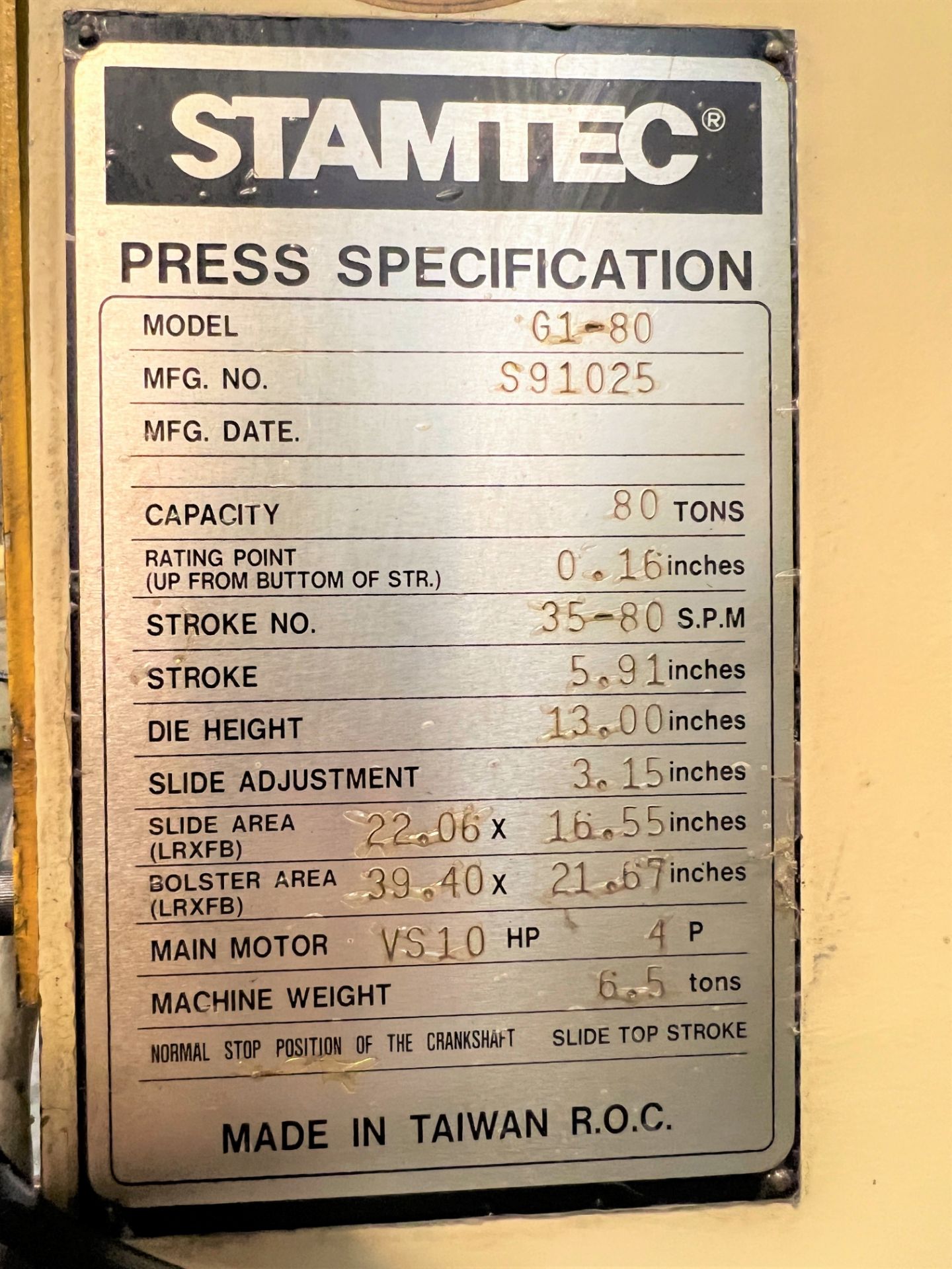 Stamtec G1-80 80-Ton Gap Frame Press, S/N 591025 - Image 12 of 12