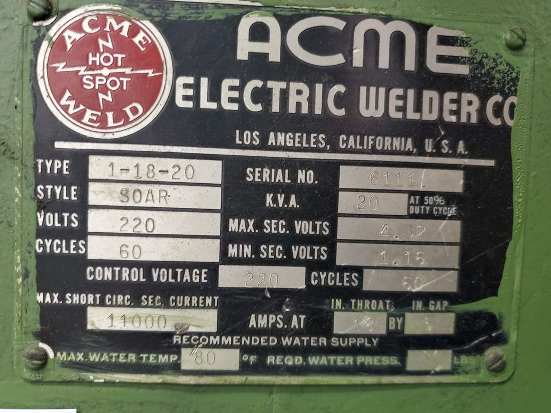 Acme 1-18-20 20 kVa Rocker Arm Spot Welder, S/N 6111 - Image 3 of 3