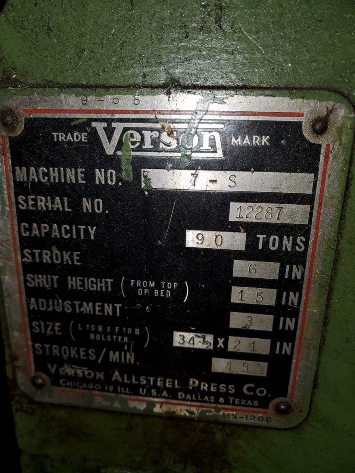 Verson Model 7 90-Ton OBI Punch Press, S/N 16669 - Image 8 of 8