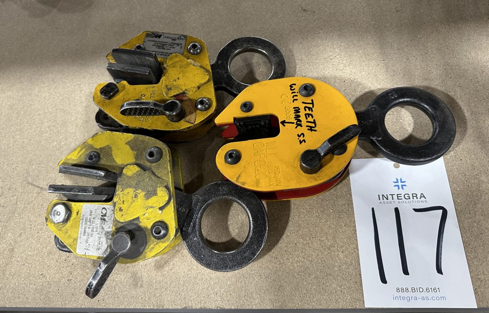 Lot of (3) Assorted Lifting Clamps Ranging from 1/2 - 1-1/2-Ton Capacity