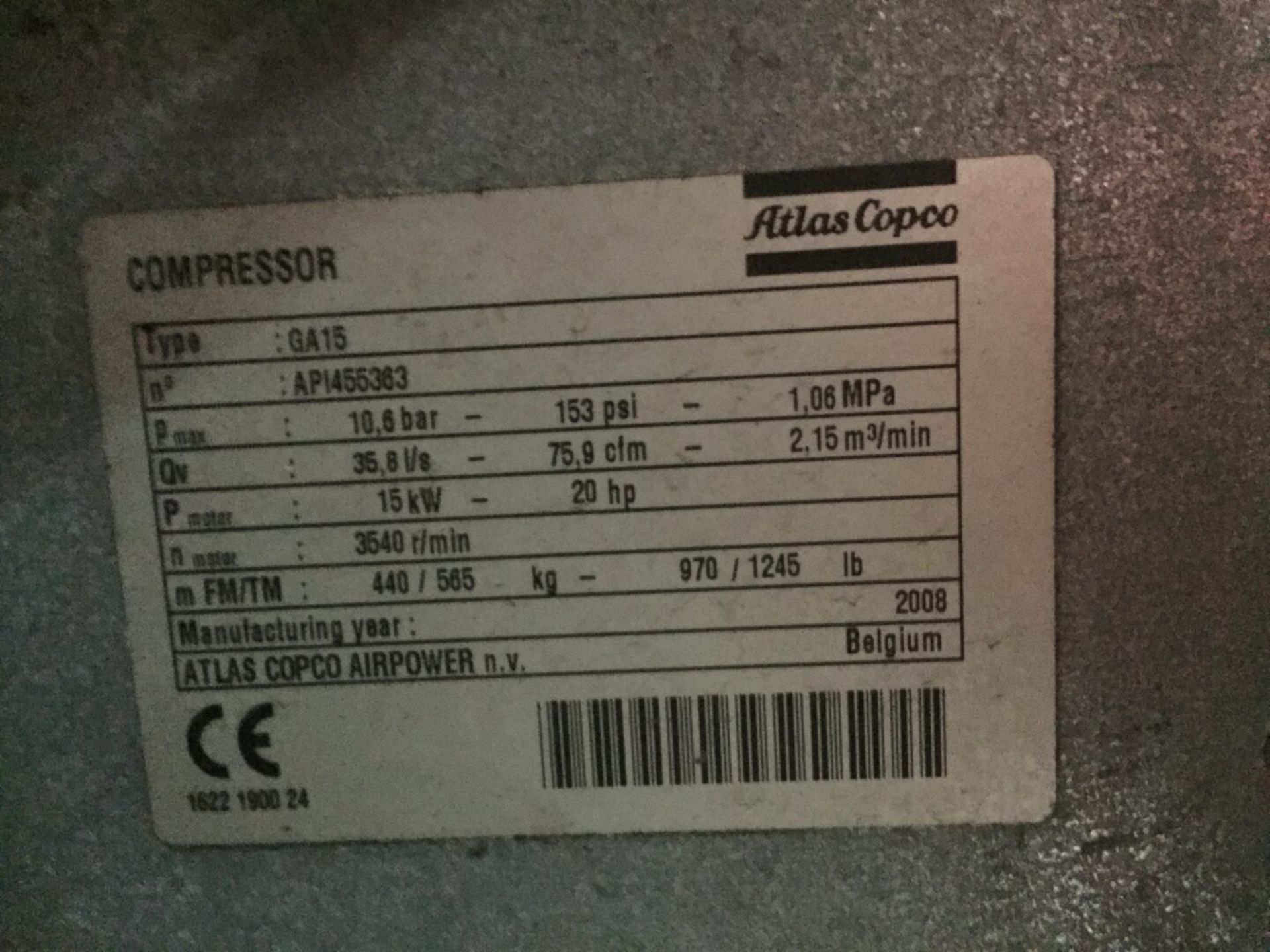 Atlas Copco GA15FF 20 hp Rotary Screw Air Compressor, S/N API455363, 2008 - Image 6 of 8