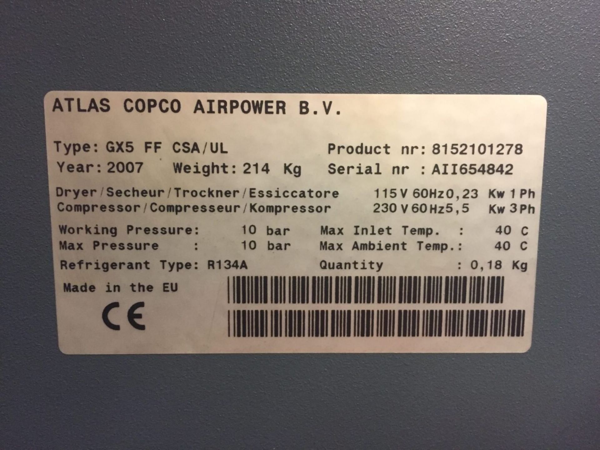 Atlas Copco GX5-FF 7.5 hp Rotary Screw Air Compressor, S/N AII654842 - Image 11 of 11