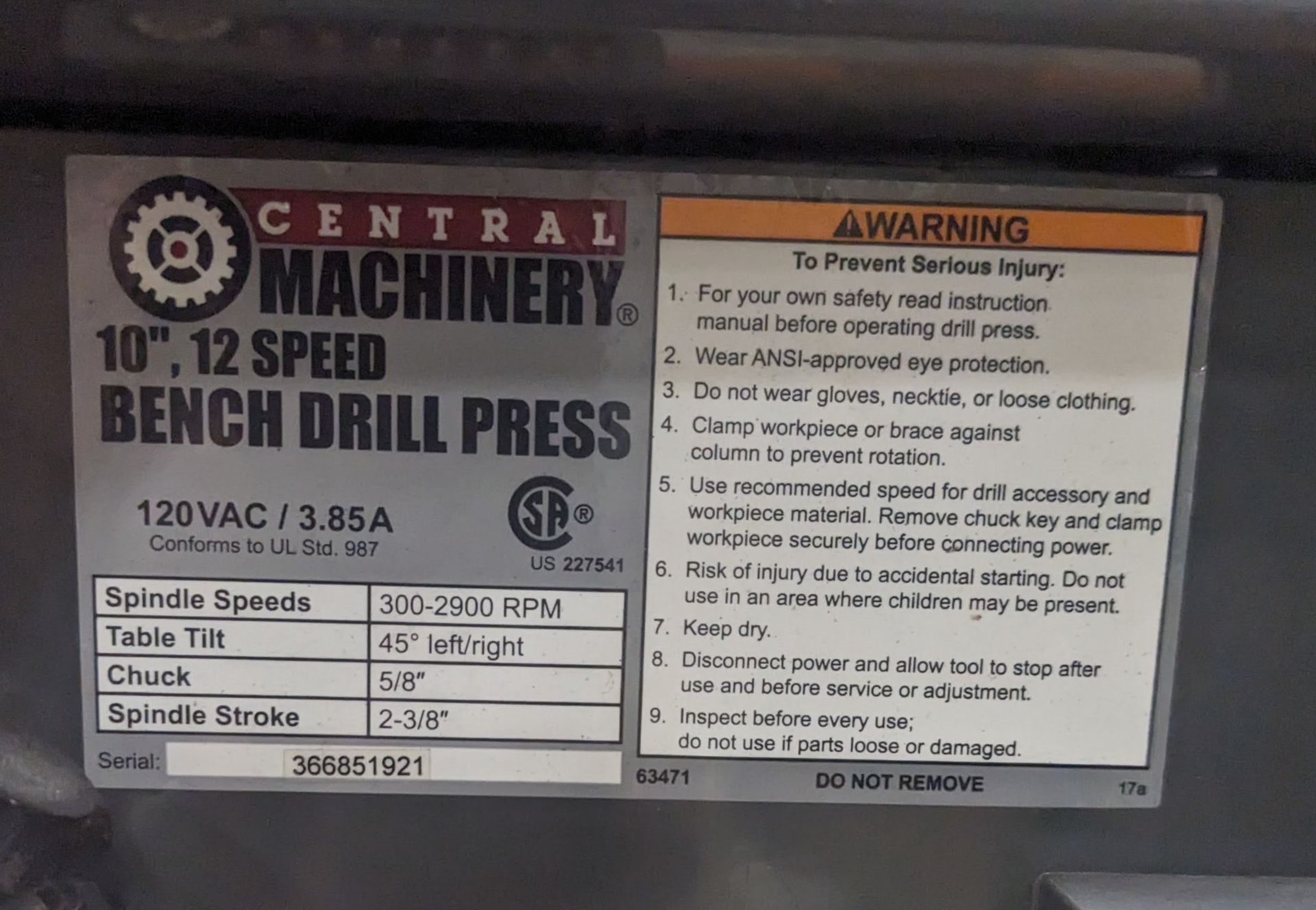 Central Machinery 10" 12-Speed Bench Drill Press - Image 2 of 2
