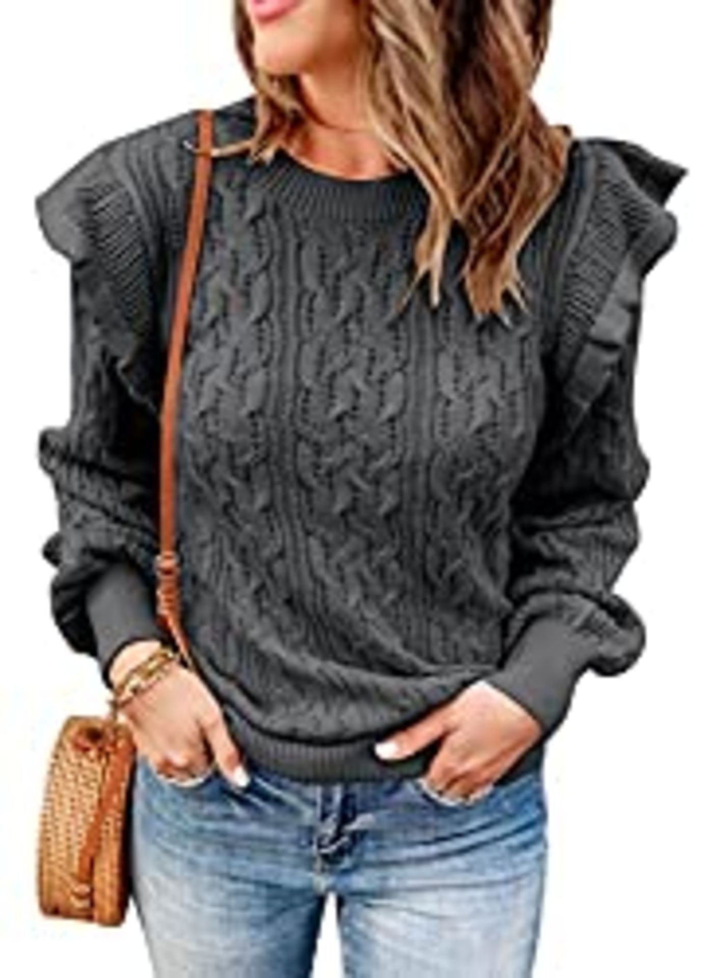 RRP £36.98 HOTAPEI Womens Crewneck Sweaters Textured Ruffled Pullover