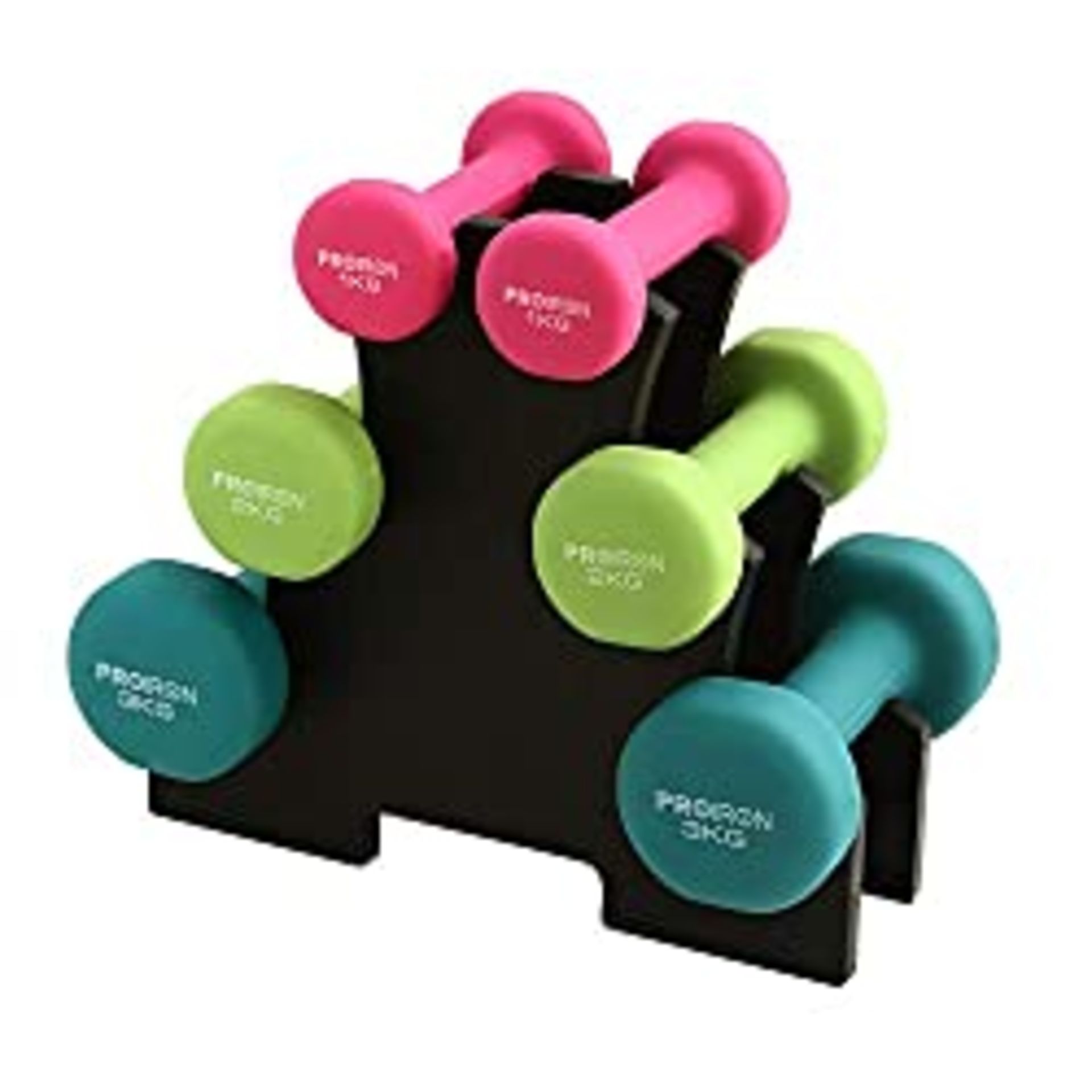 RRP £51.59 PROIRON Neoprene Dumbbell 12kg Set with Stand (1 kg+2kg+3kg in pair)