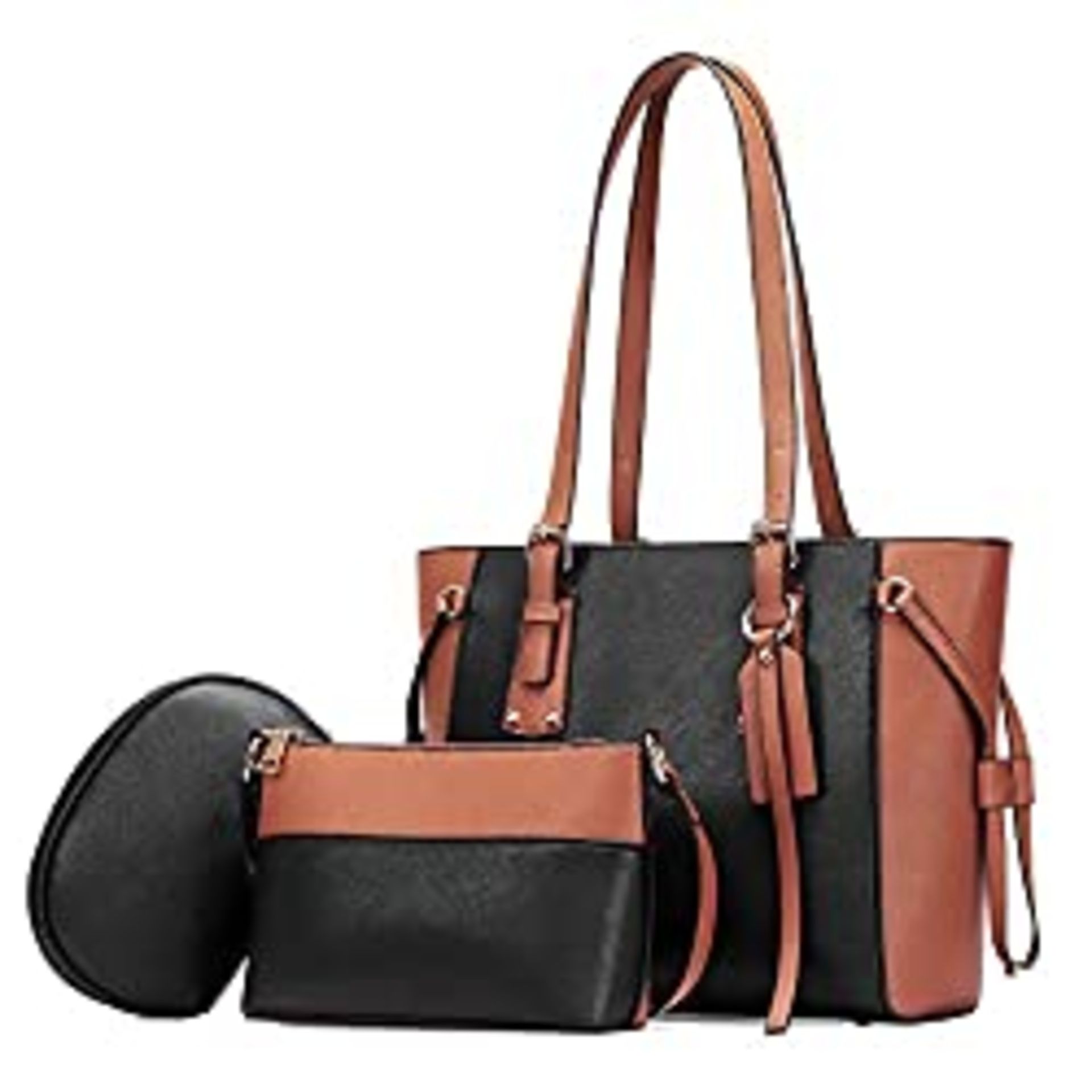 RRP £29.48 JOSEKO Woman Handbag Shoulder Bag Elegant Bag PU Leather 3pcs Purse brown-black