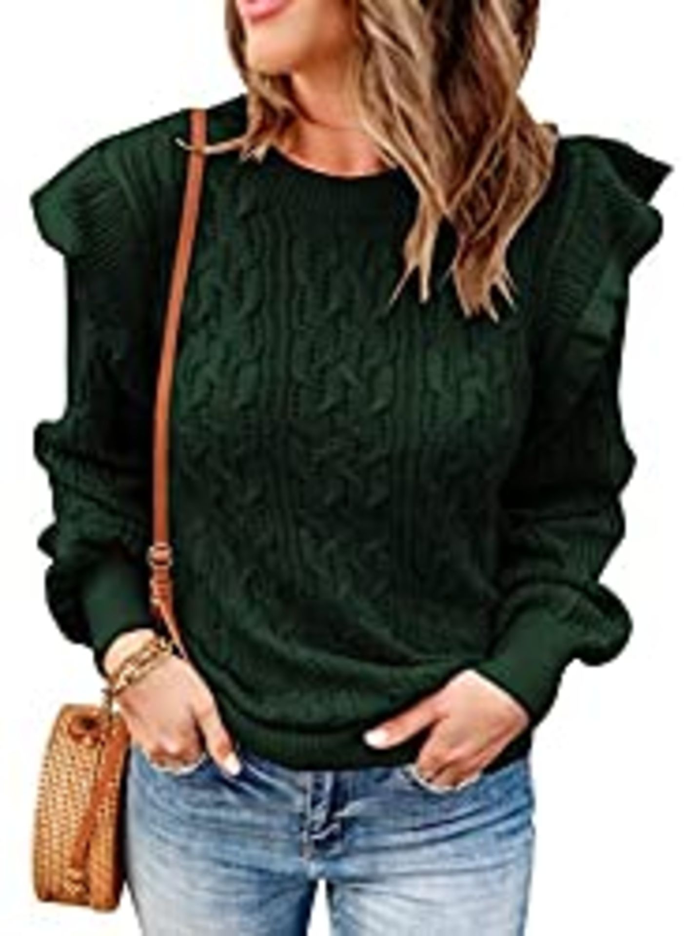 RRP £36.98 HOTAPEI Womens Crewneck Textured Ruffled Pullover Cable