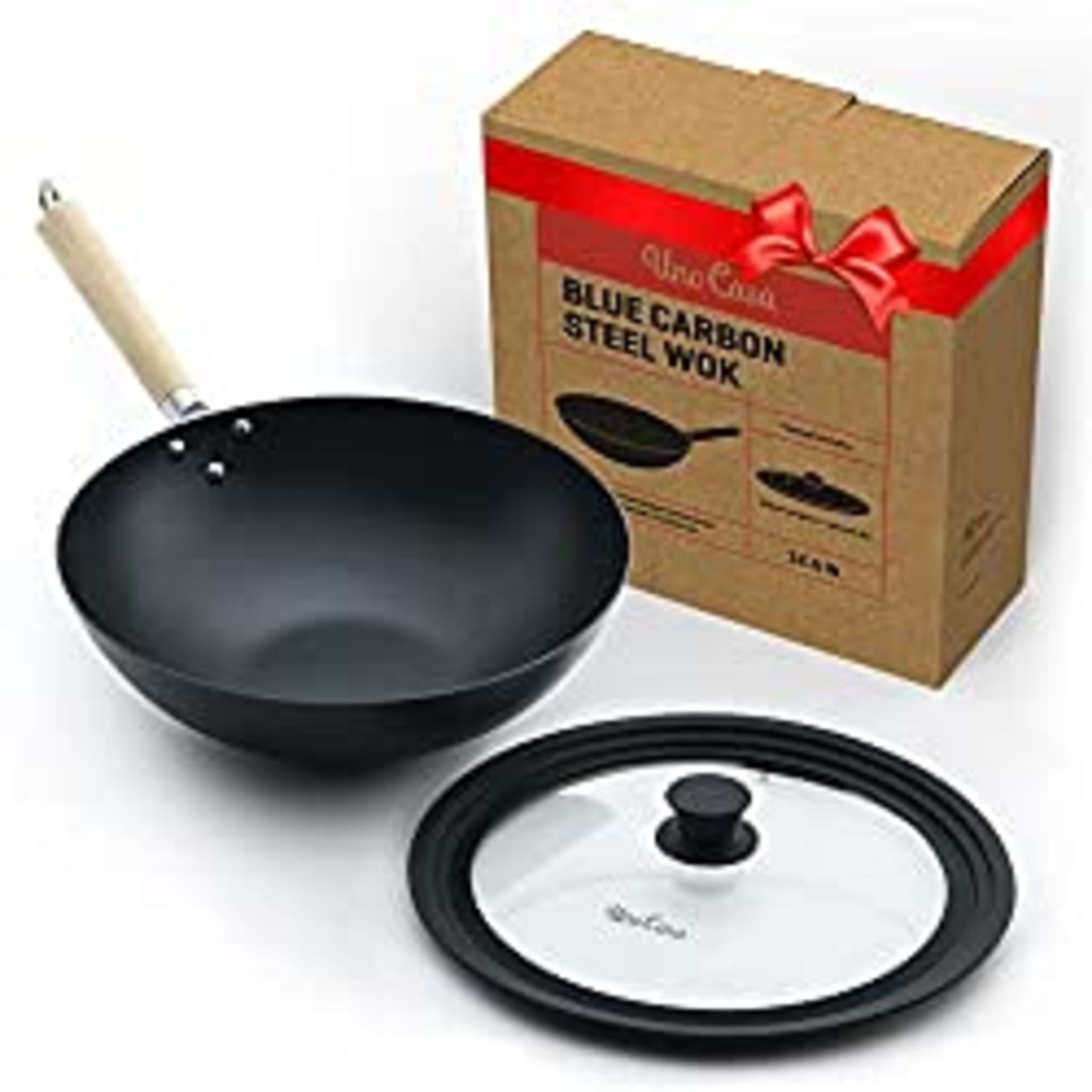 RRP £38.06 Uno Casa Blue Carbon Steel Wok Pan - 12 Inch Non-Stick Wok with Lid