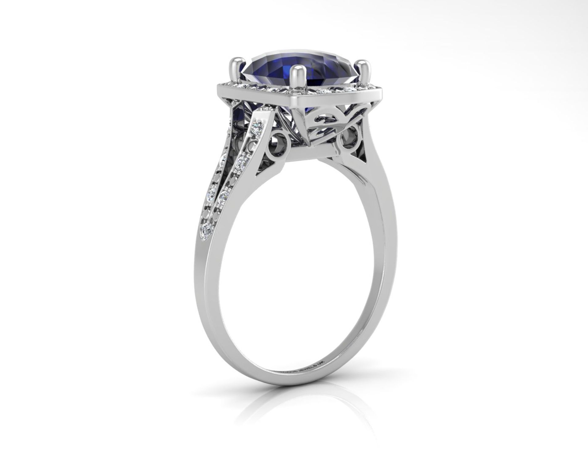 9ct White Gold Cushion Cluster Diamond And Created Ceylon Sapphire Ring - Valued By IDI £3,395. - Image 2 of 10